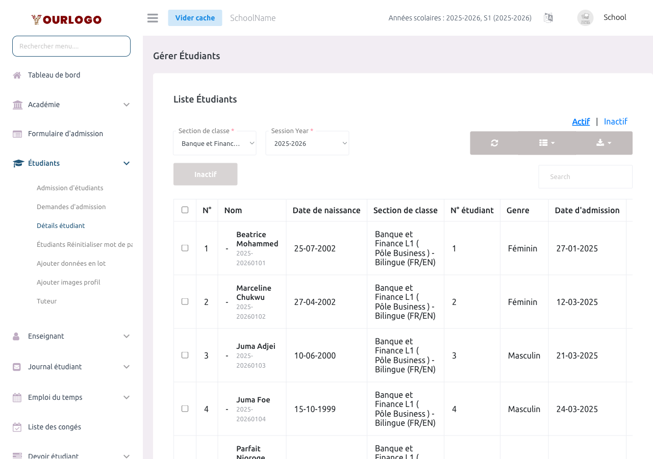 Barre de filtres avec menus déroulants classe, section, année scolaire et champ de recherche