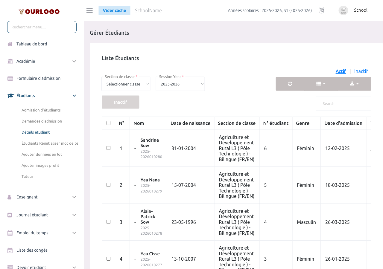 Page des détails des élèves montrant le tableau avec filtres, recherche et boutons d'action