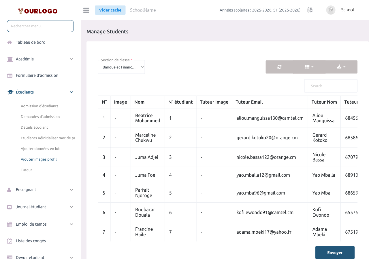 Page de téléchargement des photos montrant les filtres classe/section et la liste des élèves avec champs de téléchargement