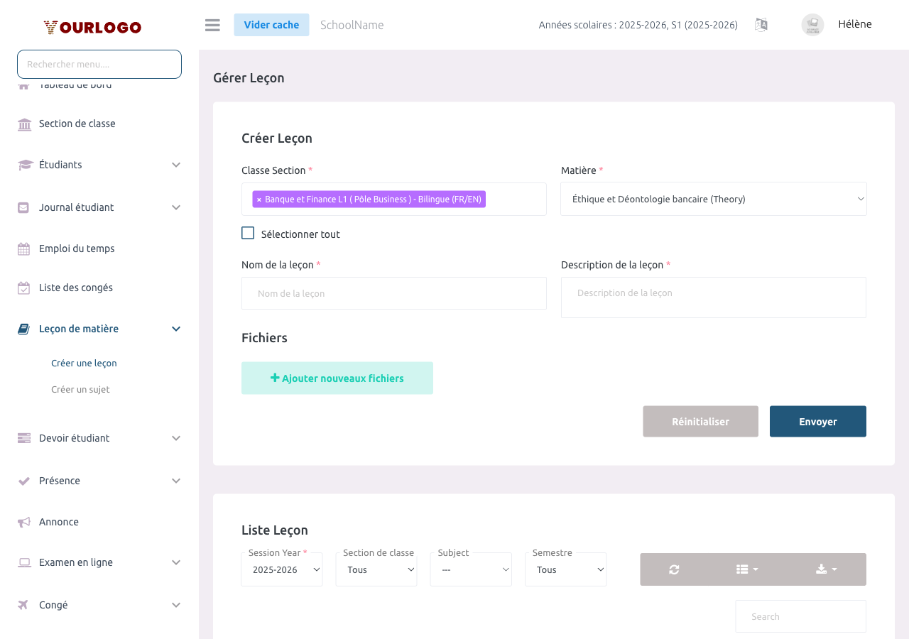 Formulaire de création de leçon avec section de classe, matière, nom et description