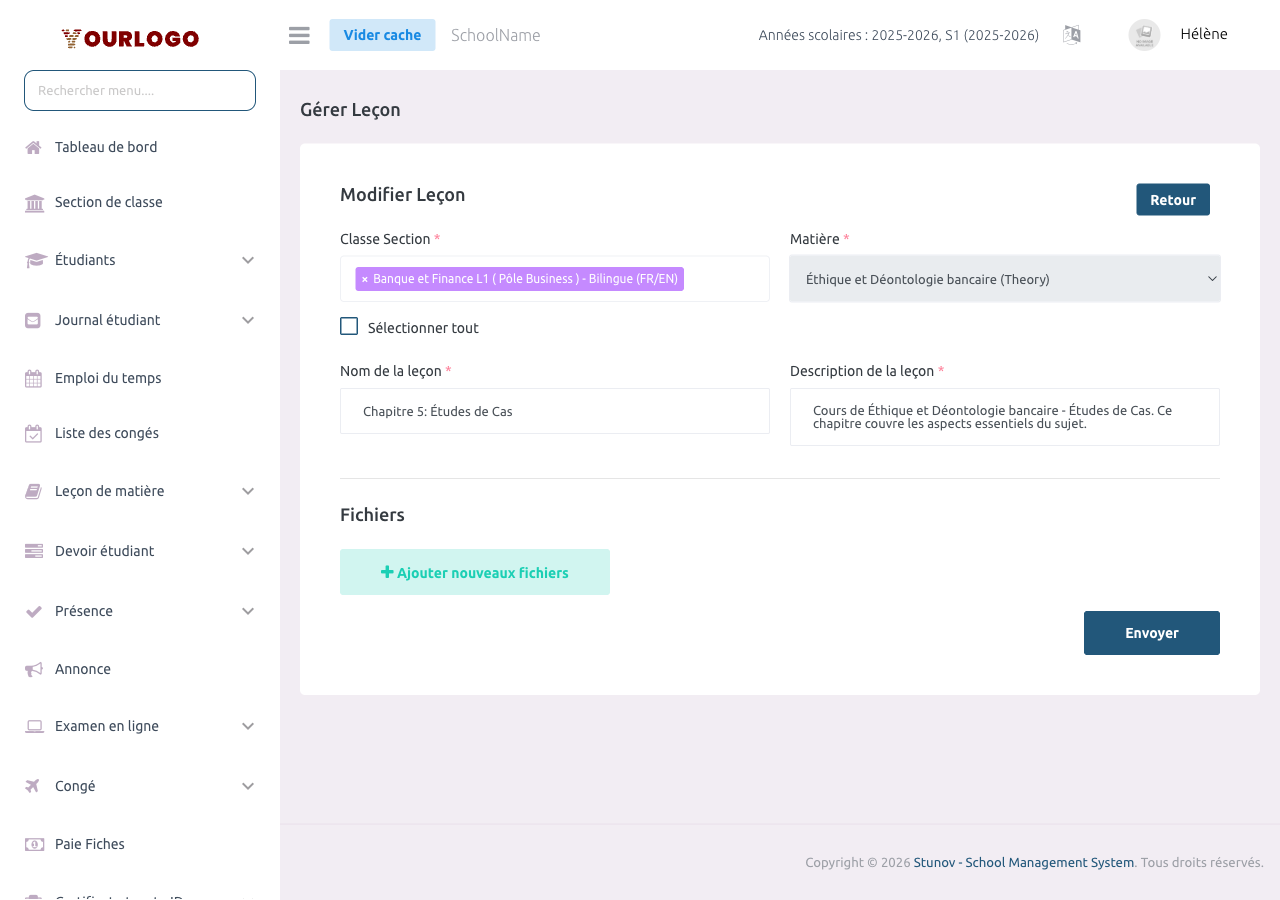 Page de modification de leçon avec formulaire pré-rempli
