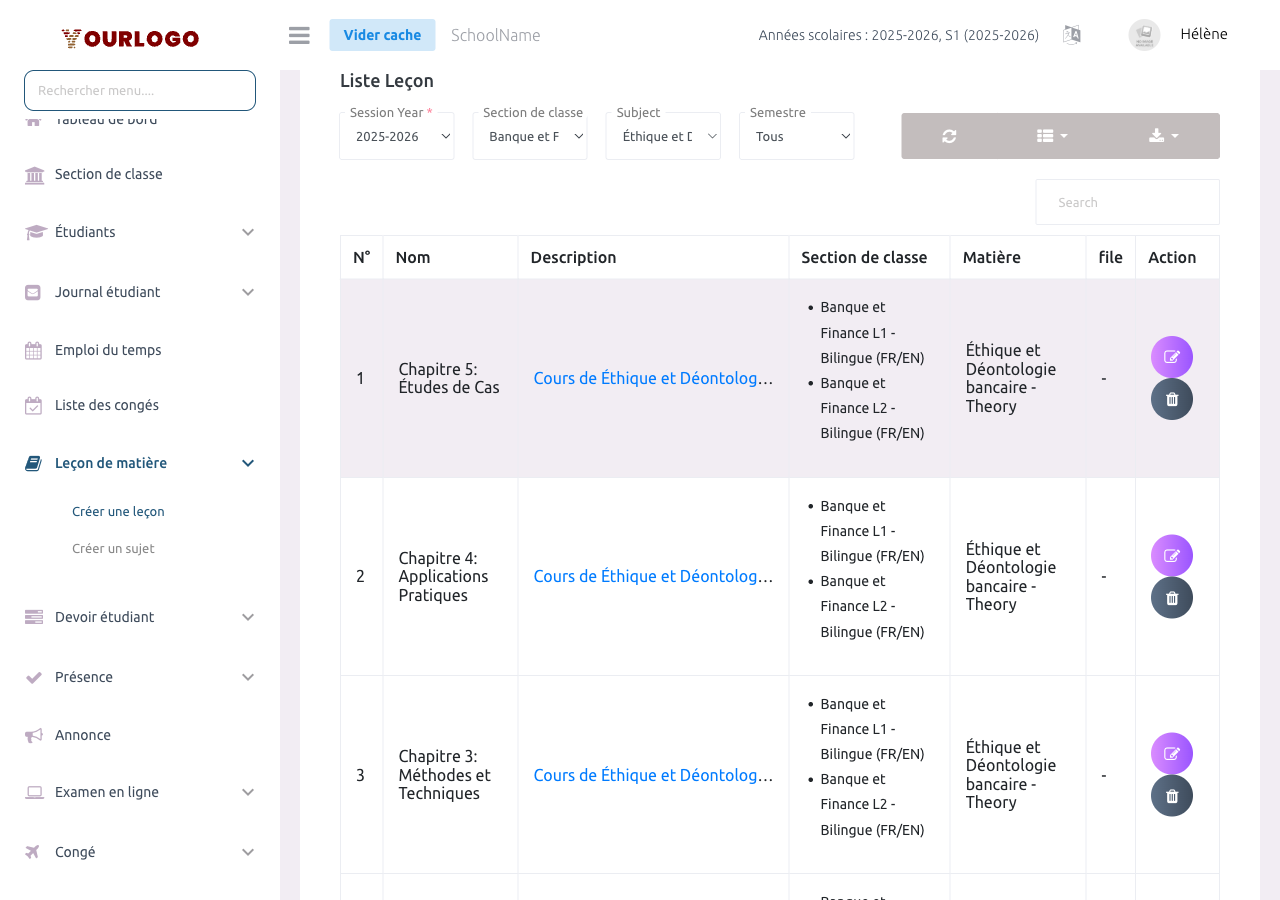 Page de gestion des leçons avec le tableau filtré et les données des leçons