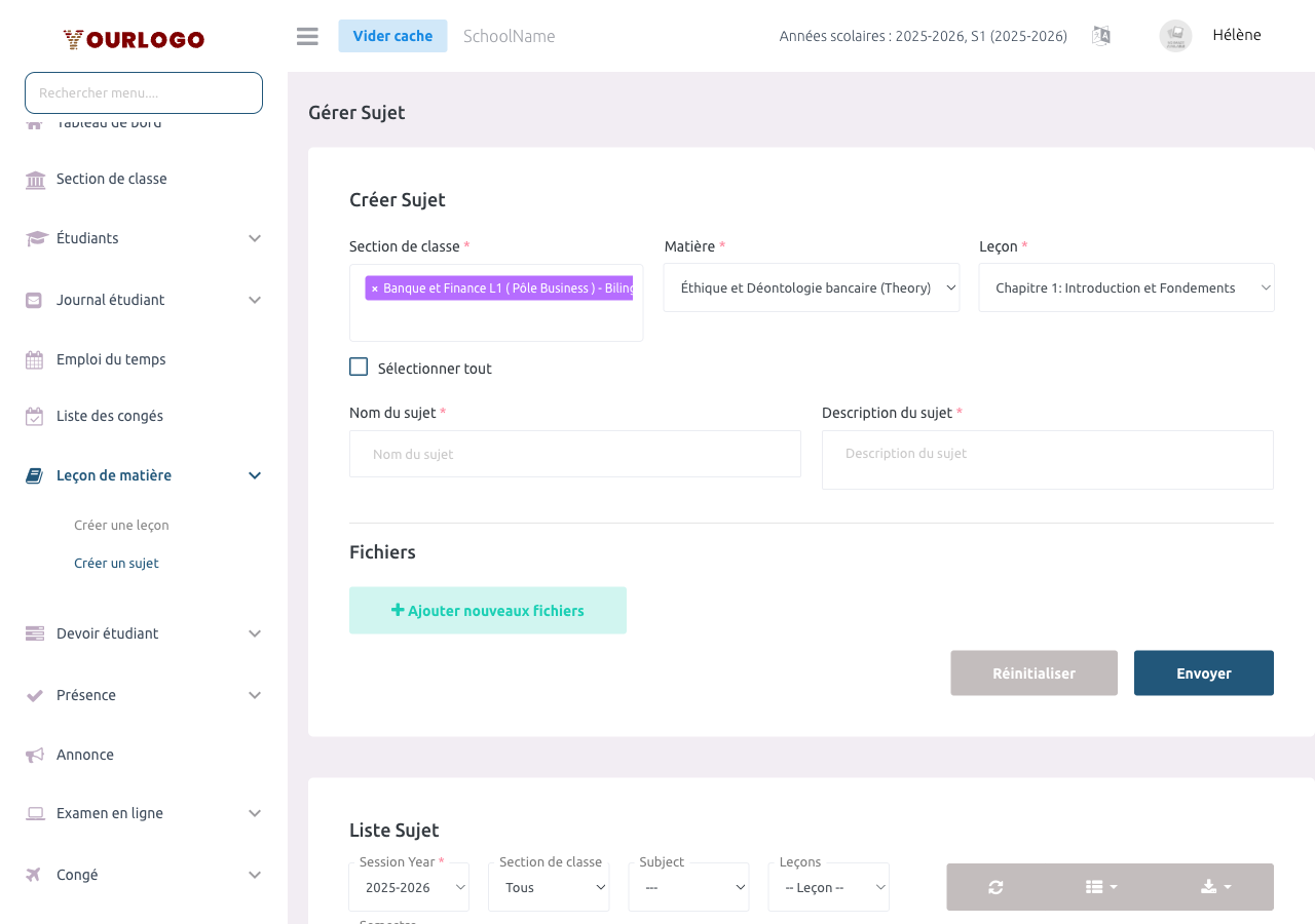 Formulaire de création de sujet avec section de classe, matière, leçon, nom et description