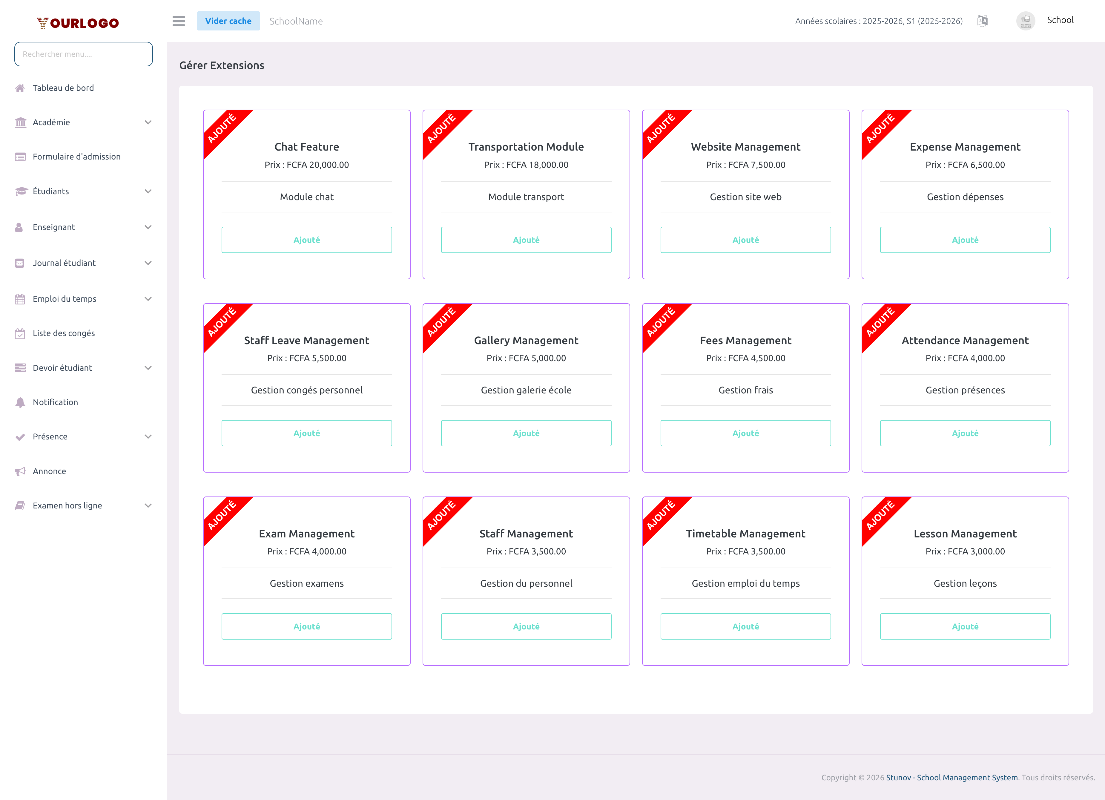 Page des extensions montrant les forfaits d'extensions disponibles