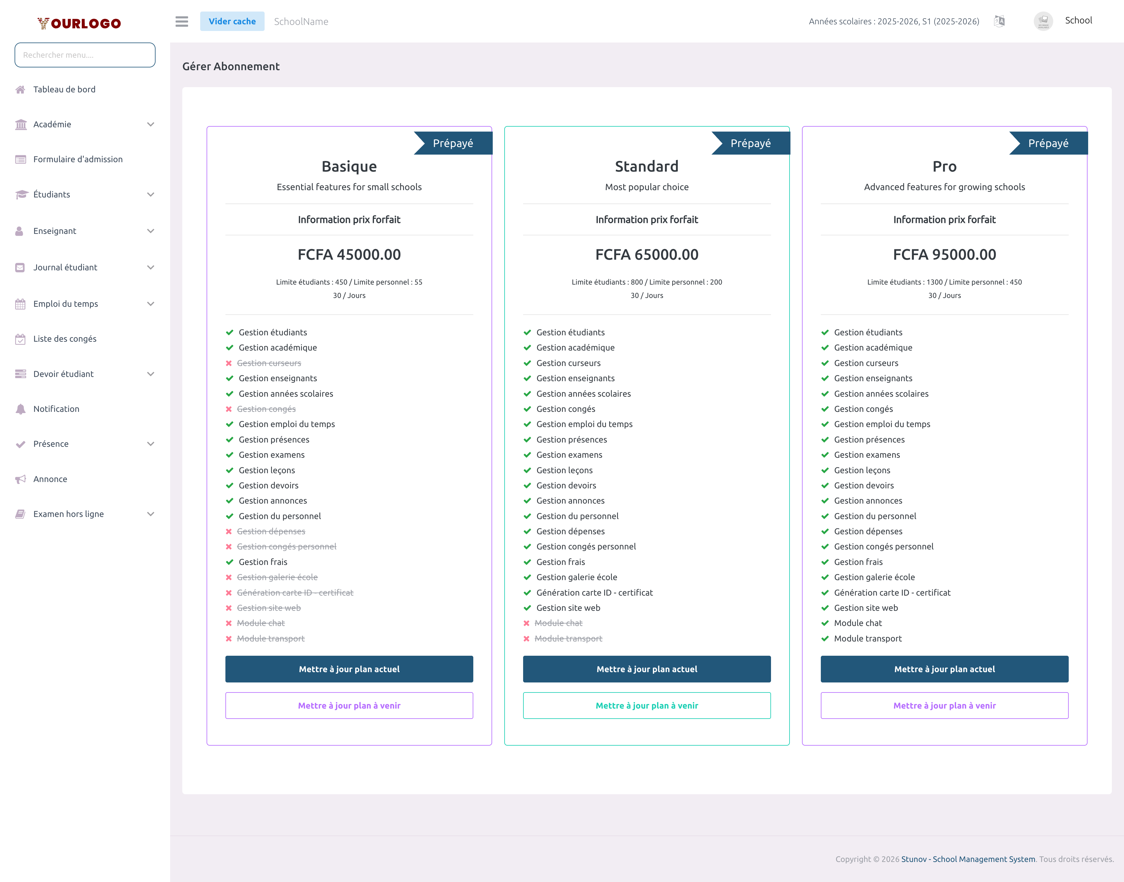Page des plans d'abonnement montrant les cartes tarifaires disponibles