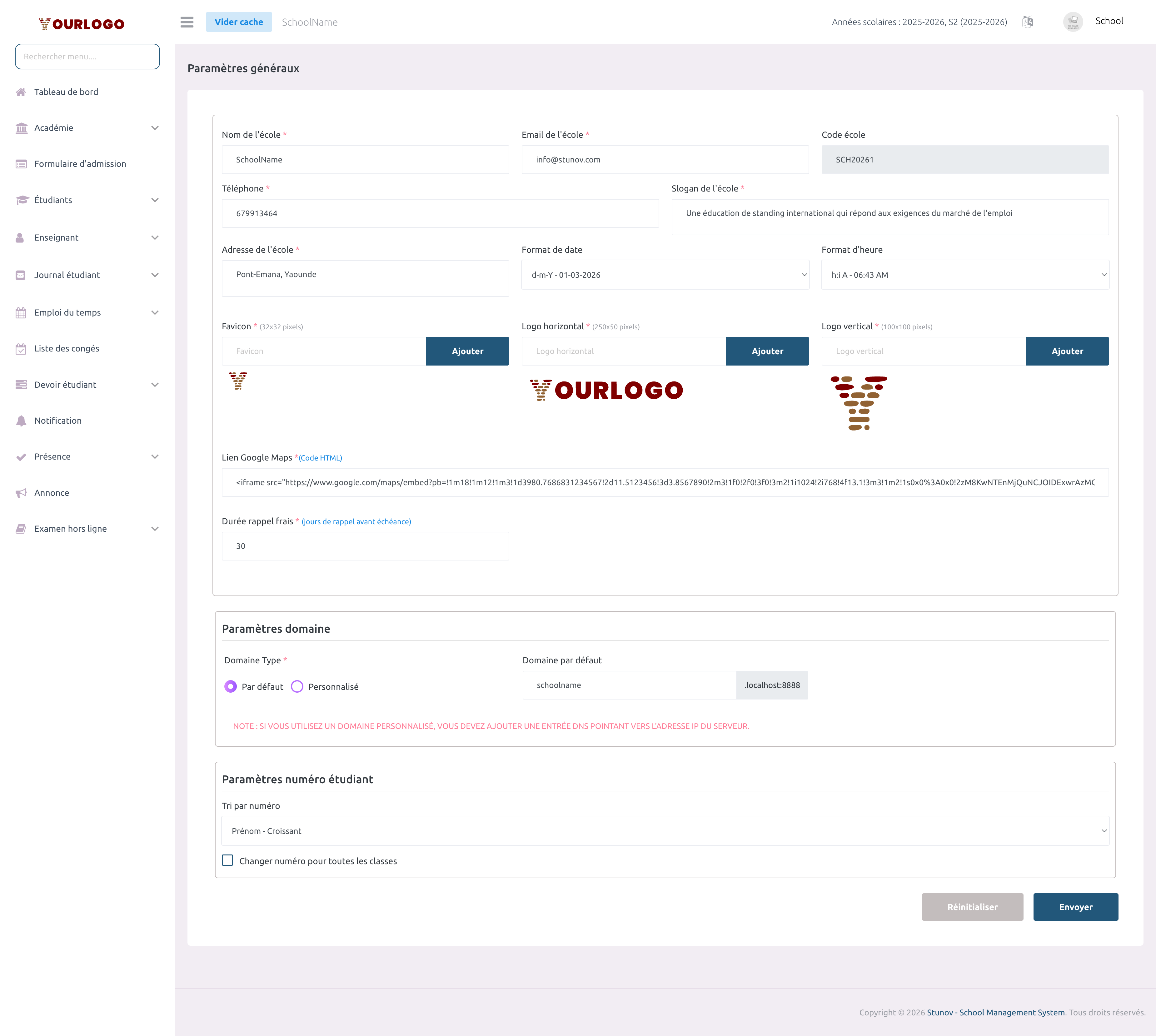 Page des Paramètres Généraux montrant le nom de l'école, l'email, les logos et les options de configuration