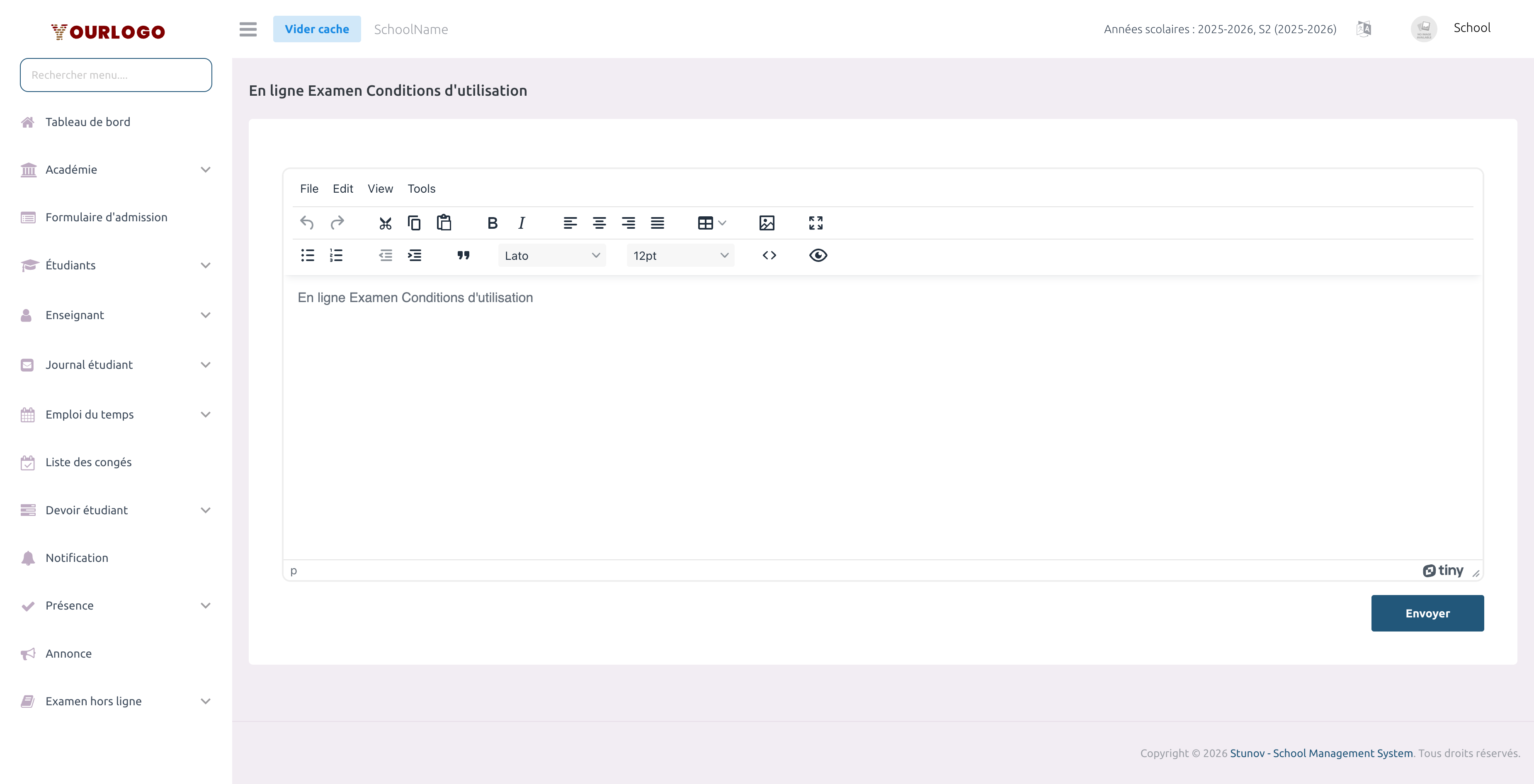 Éditeur des conditions d'examen en ligne avec contenu en texte enrichi
