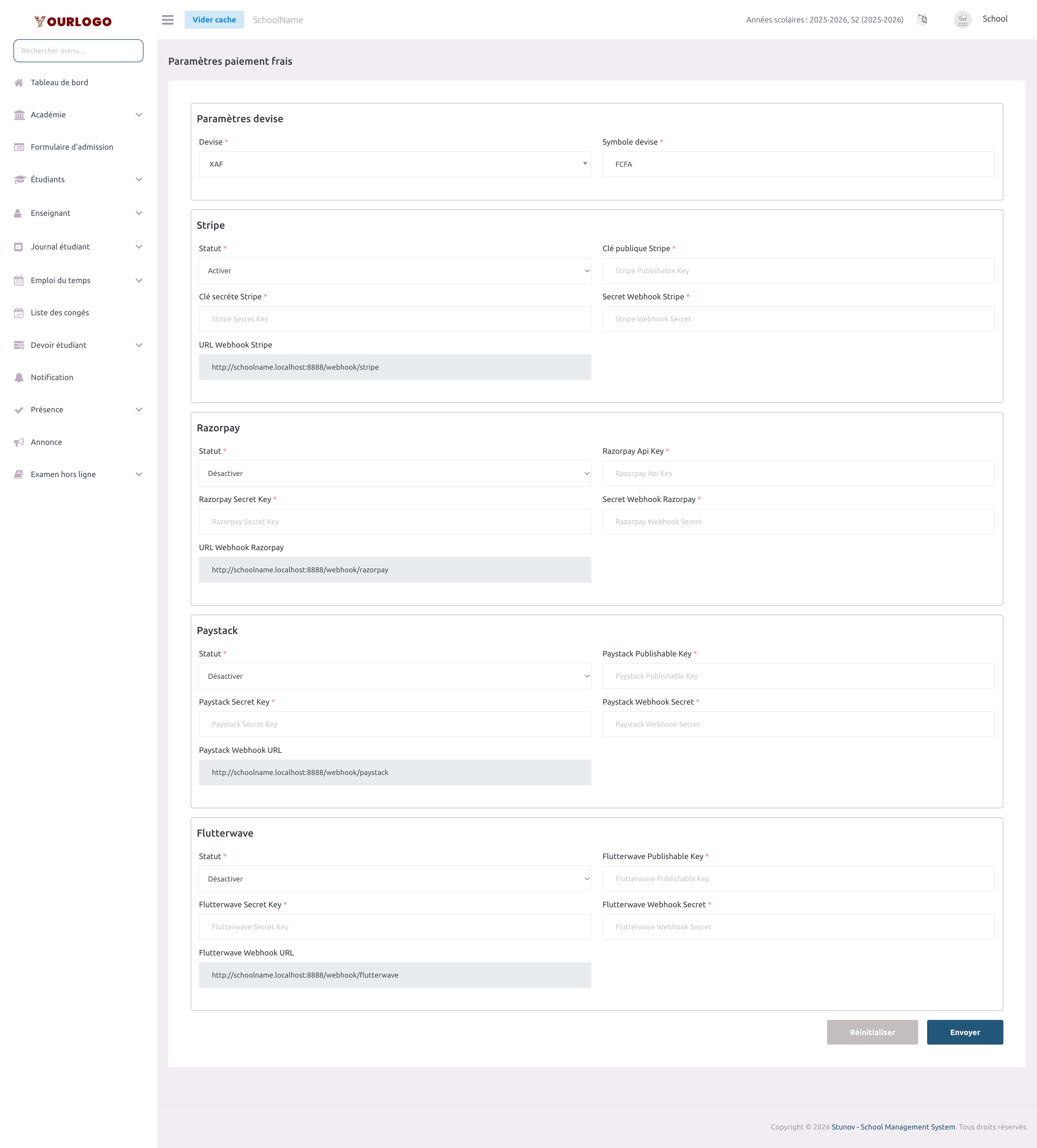 Page des paramètres de paiement montrant la devise et les passerelles