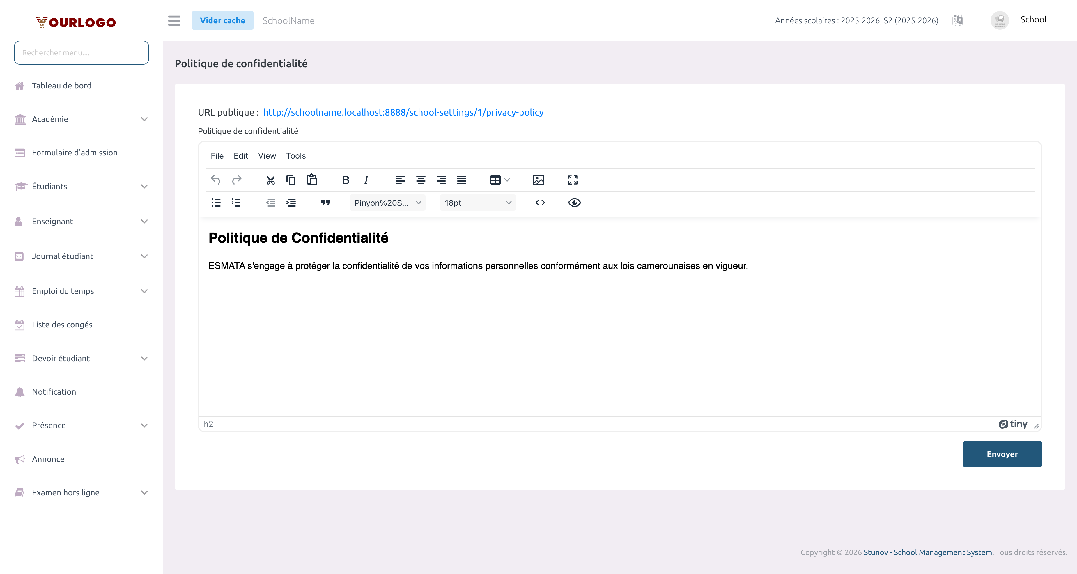 Éditeur de politique de confidentialité avec contenu en texte enrichi