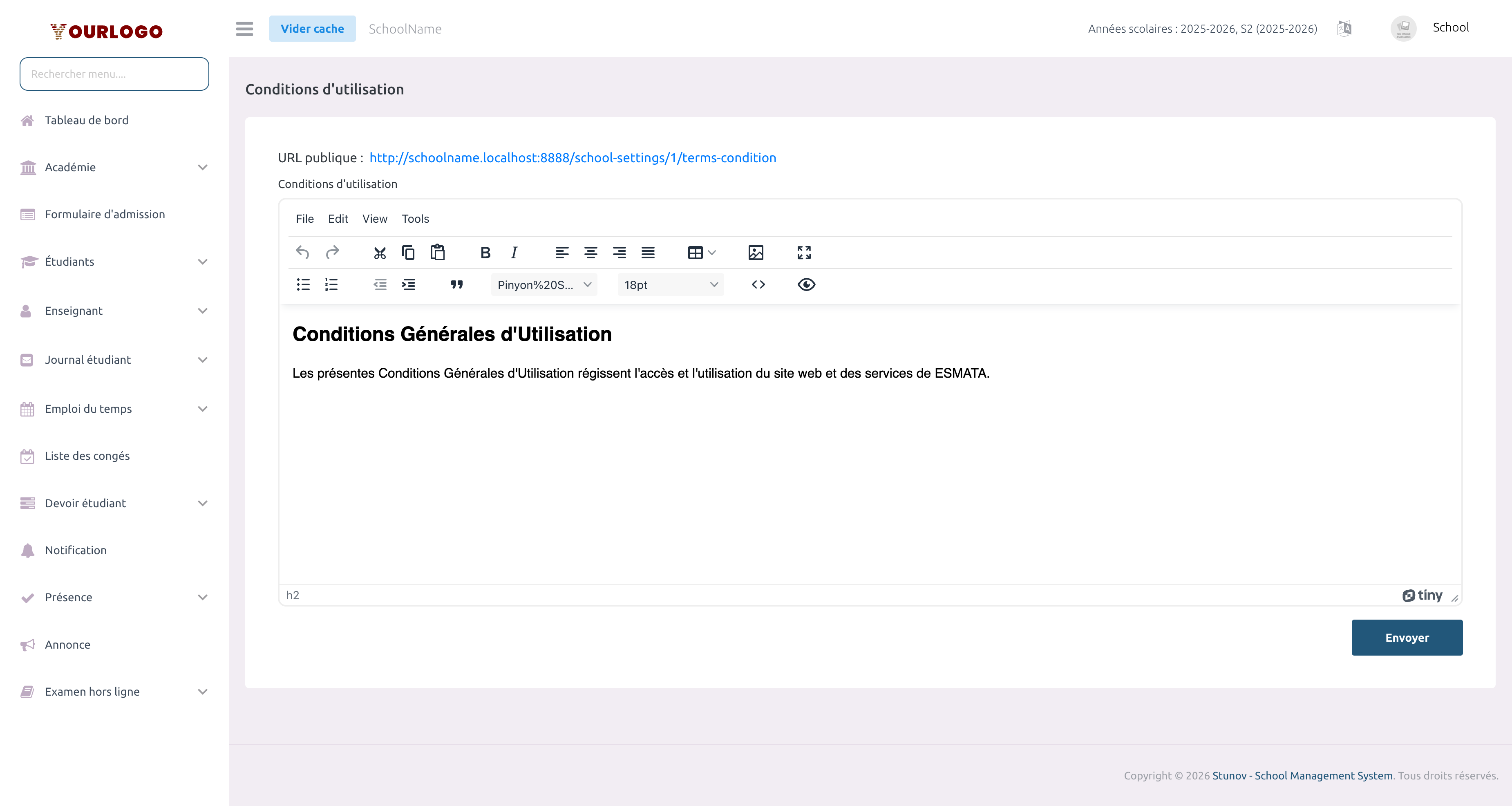 Éditeur des conditions générales avec contenu en texte enrichi