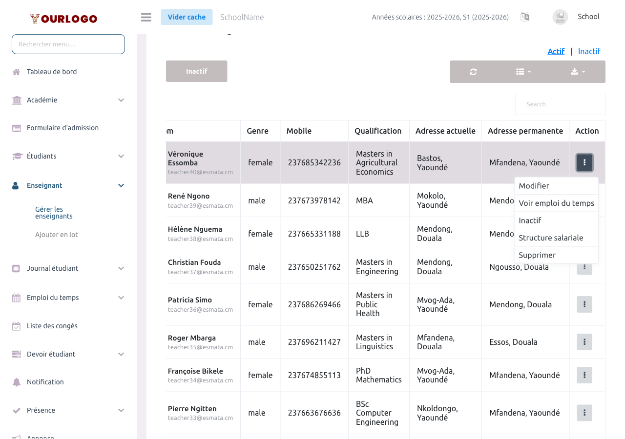 Menu déroulant d'actions enseignant : Modifier, Voir emploi du temps, Inactif, Structure salariale, Supprimer