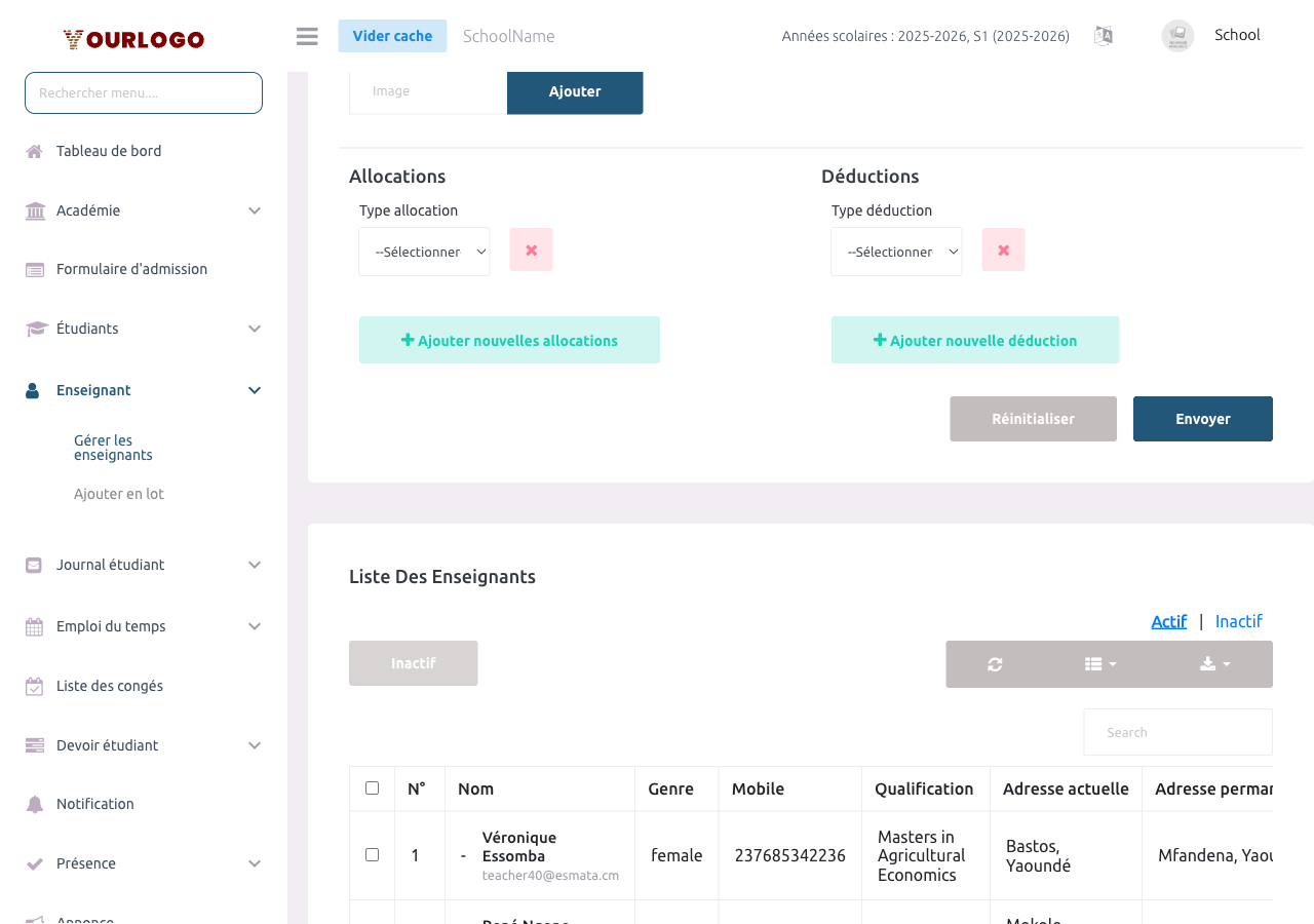 Section Allocations et Déductions avec listes déroulantes et champs de montant