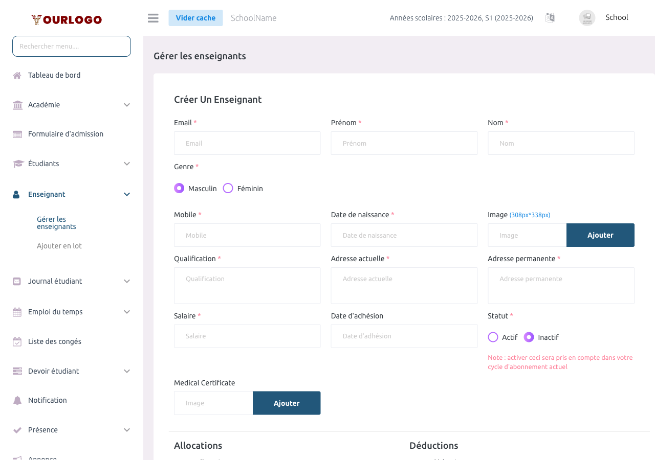 Formulaire Créer Un Enseignant — Email, Prénom, Nom, Genre, Téléphone, Date de naissance, Image, Qualification, Adresses, Salaire