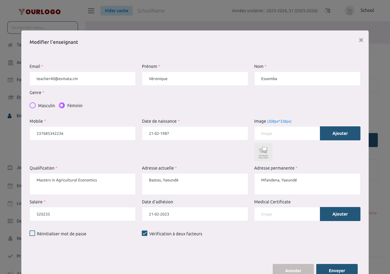 Formulaire Modifier l'Enseignant pré-rempli — Email, Prénom, Nom, Genre, Téléphone visibles