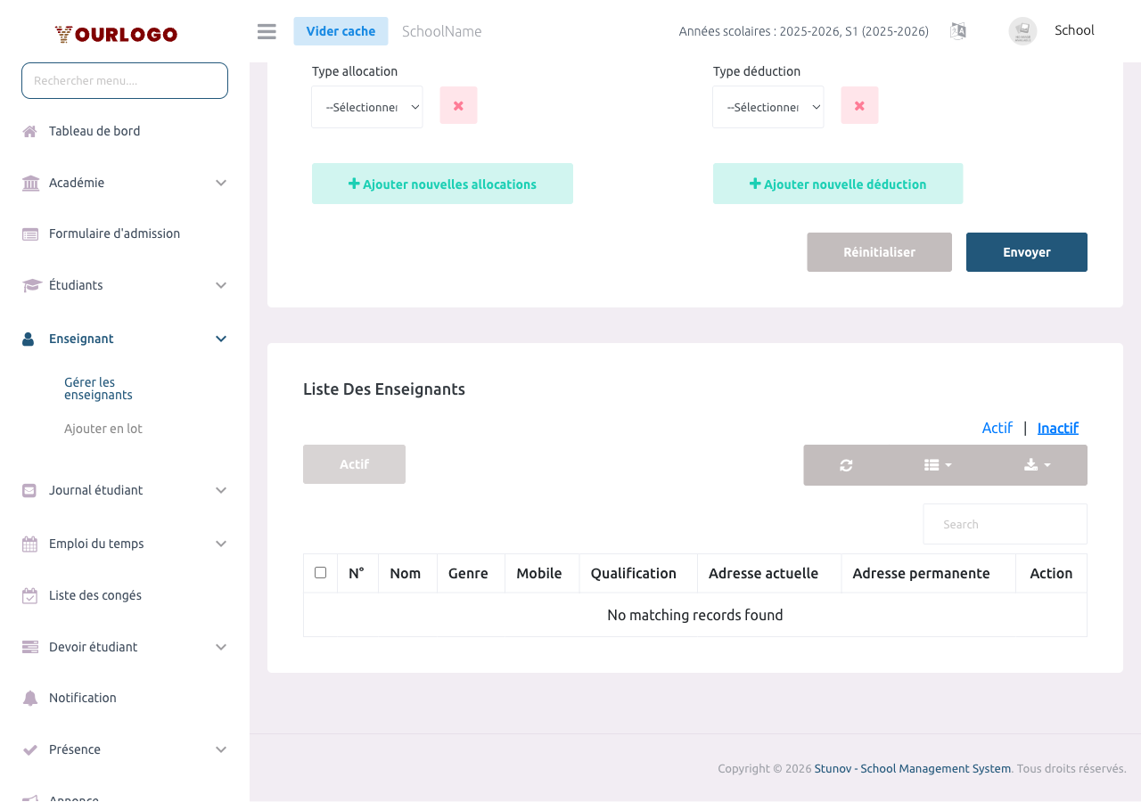 Onglet Inactif affichant les comptes enseignants désactivés