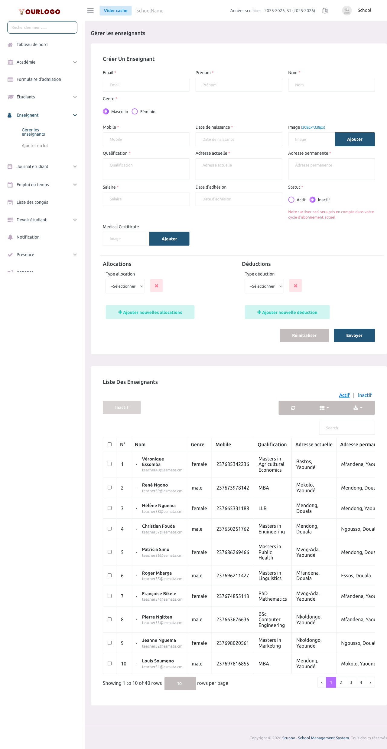 Page Gérer les Enseignants — formulaire de création en haut et liste des enseignants en bas