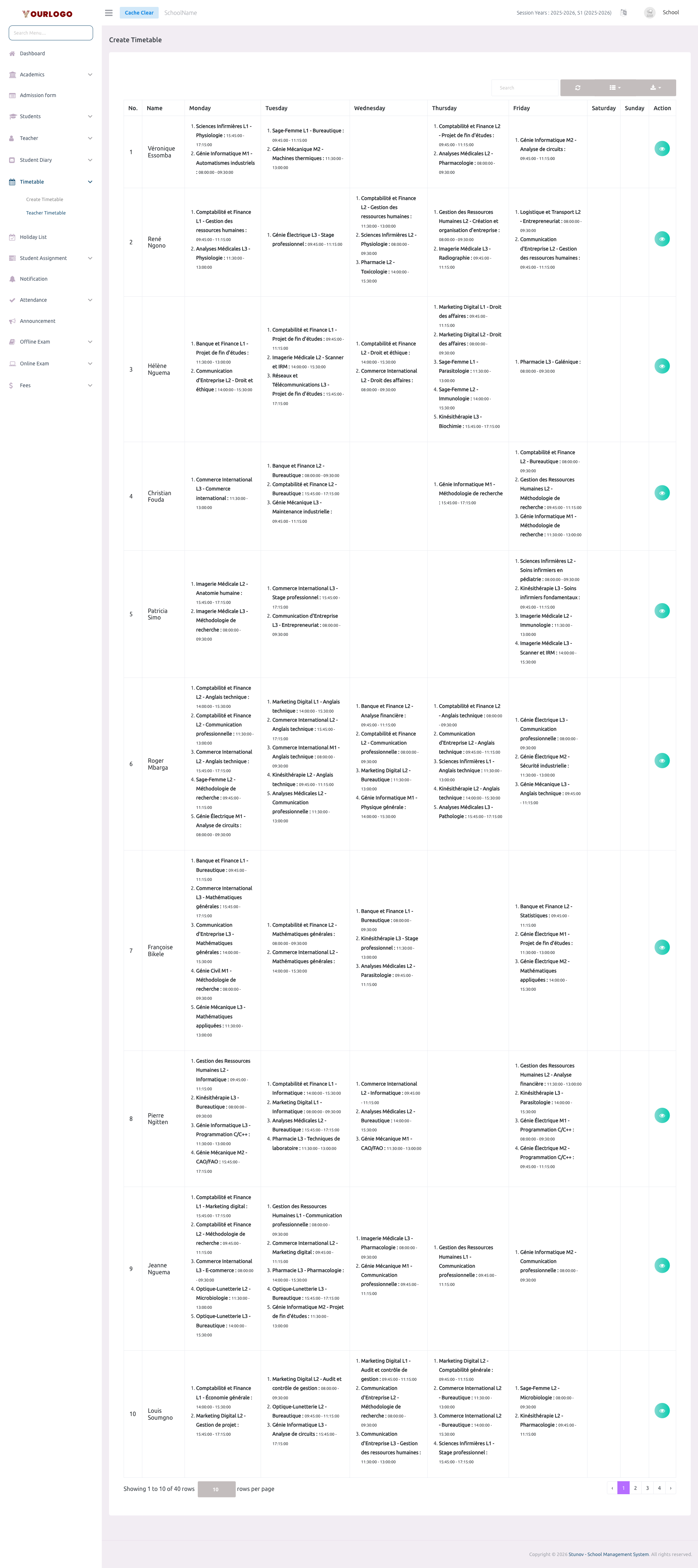 Liste des emplois du temps des enseignants avec résumé hebdomadaire