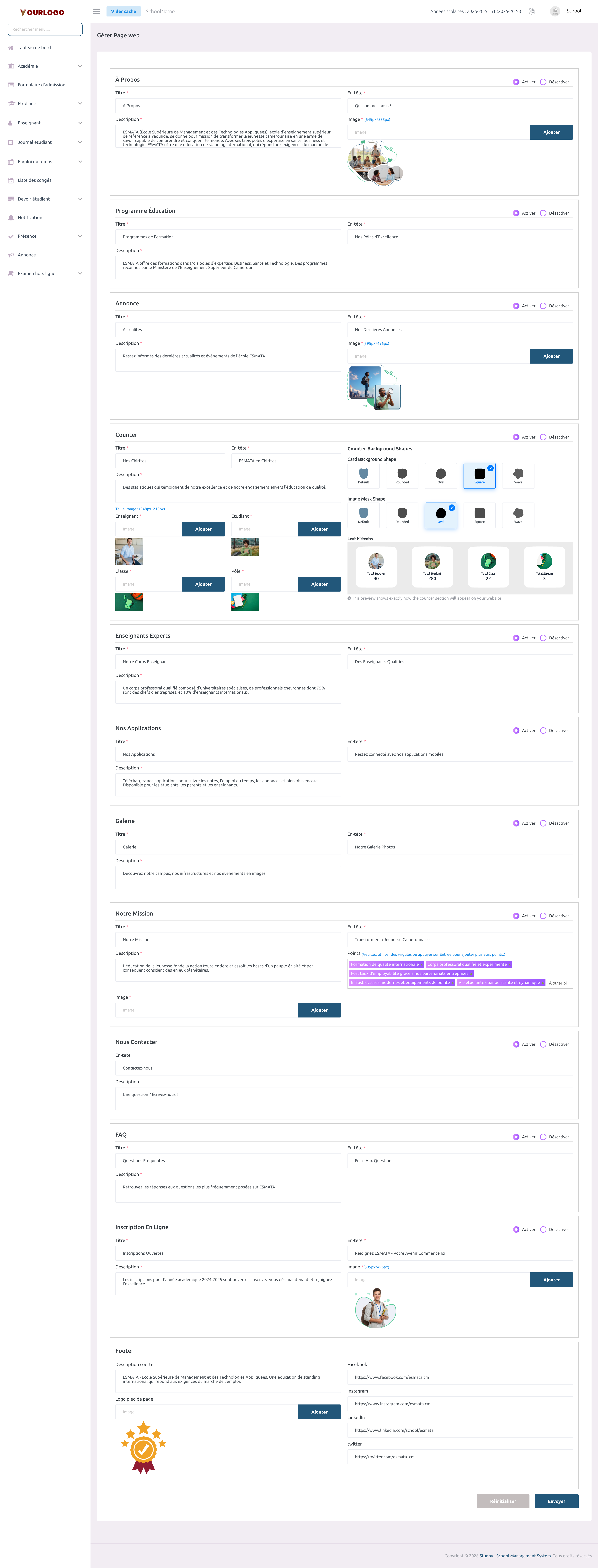 Page de gestion du contenu affichant plusieurs sections dépliables avec des boutons activer/désactiver