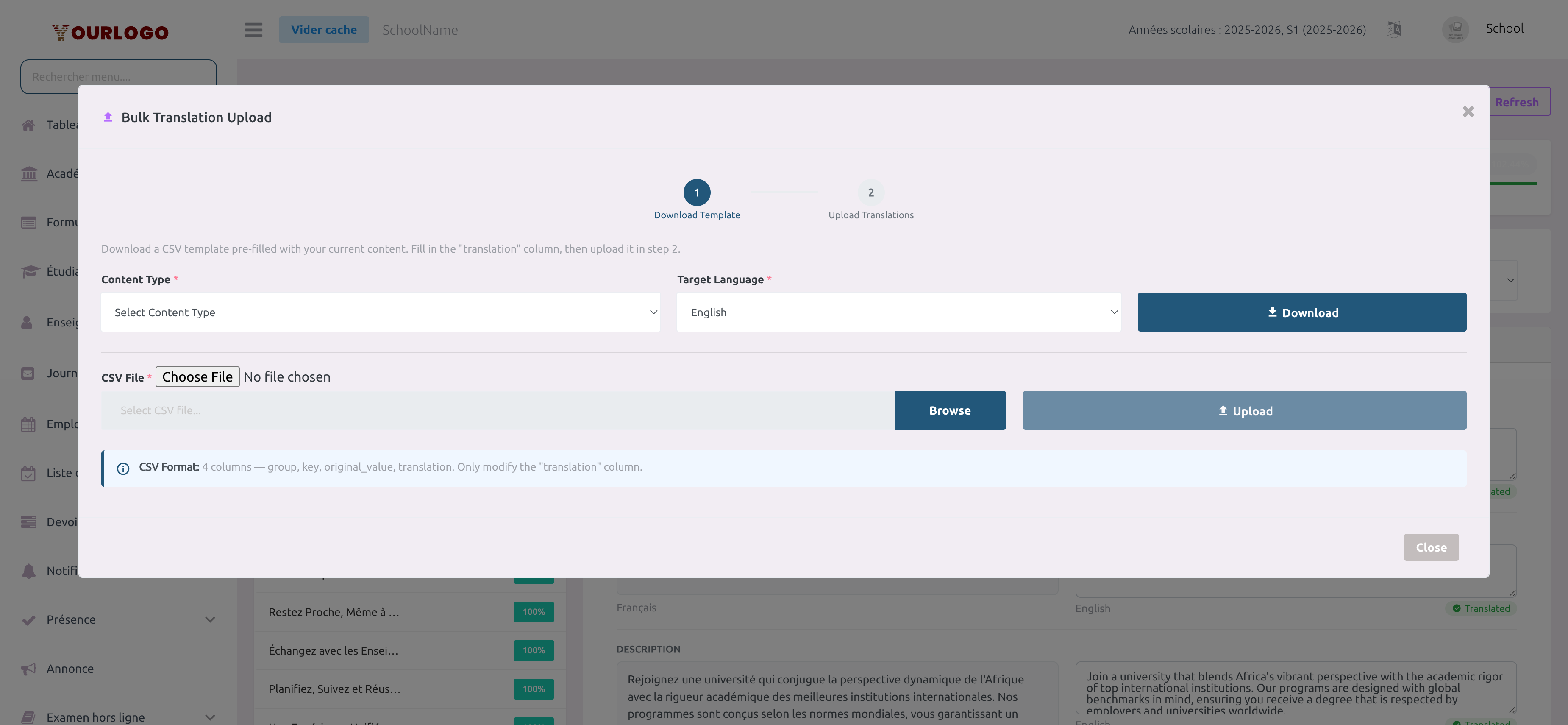 Modal d'import en masse des traductions avec un stepper affichant l'Étape 1 Télécharger le modèle et l'Étape 2 Importer les traductions, les sélecteurs de type de contenu et de langue cible, un bouton Télécharger, un champ de fichier CSV avec les boutons Parcourir et Importer, et une note d'information sur le format CSV