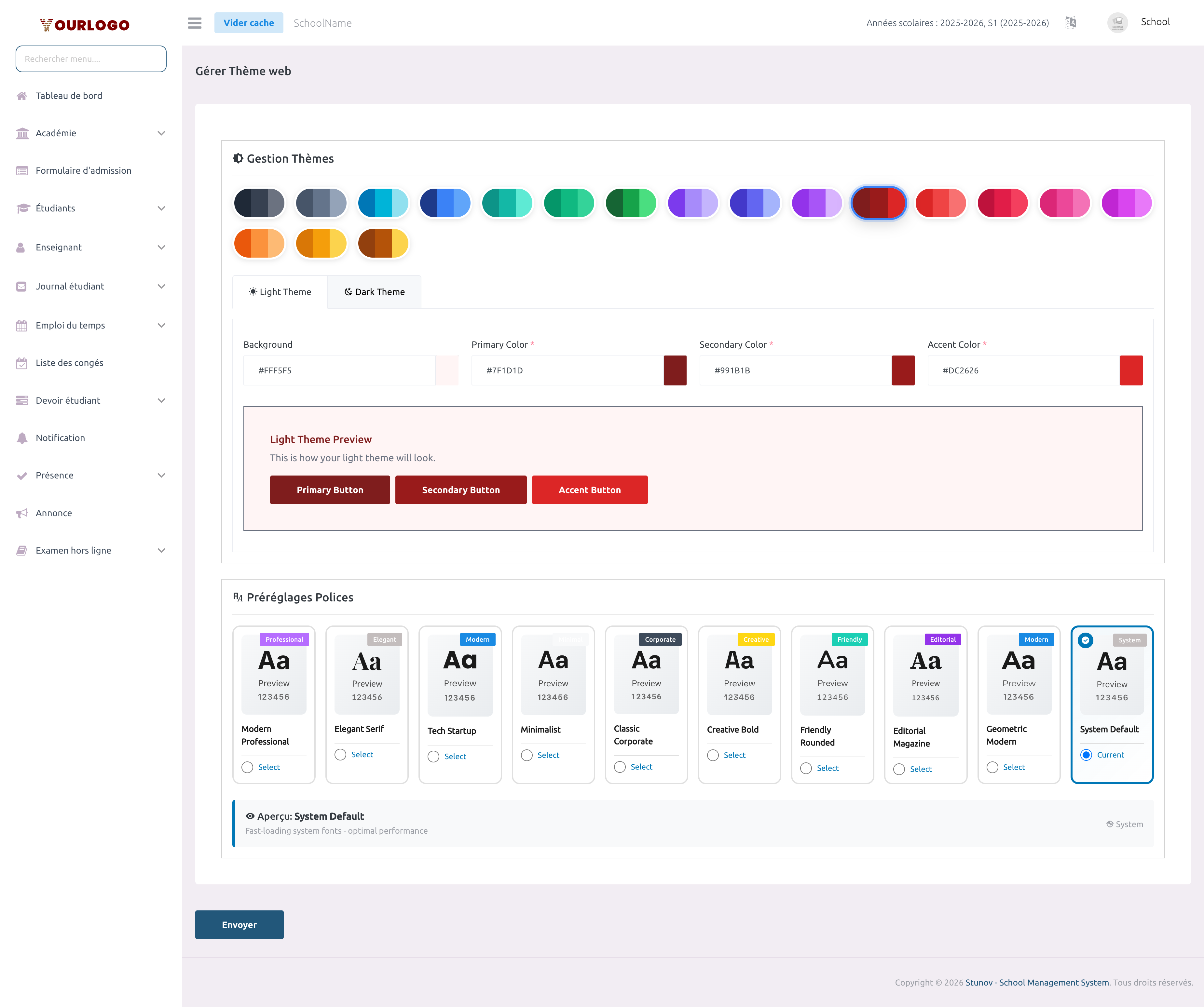 Page Thème Web affichant les palettes prédéfinies, les éditeurs de palette clair/sombre et la grille de polices