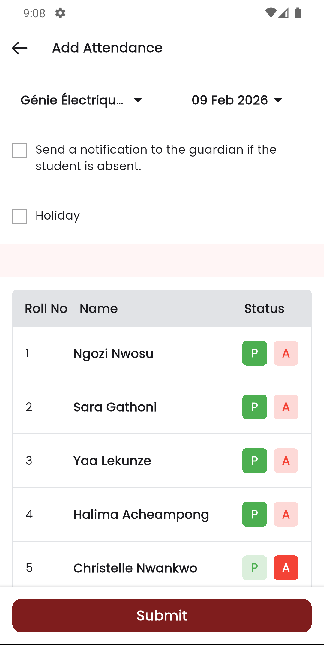 Staff app attendance screen showing student roll numbers