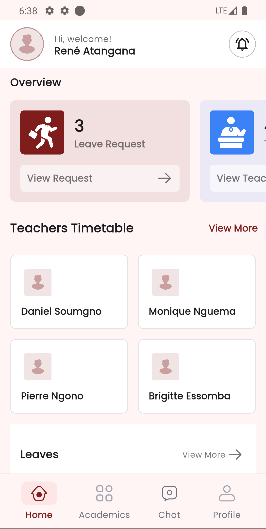 Staff app home screen