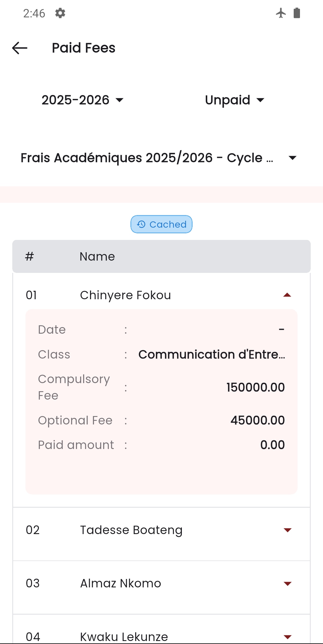 Staff app showing student fees unpaid list