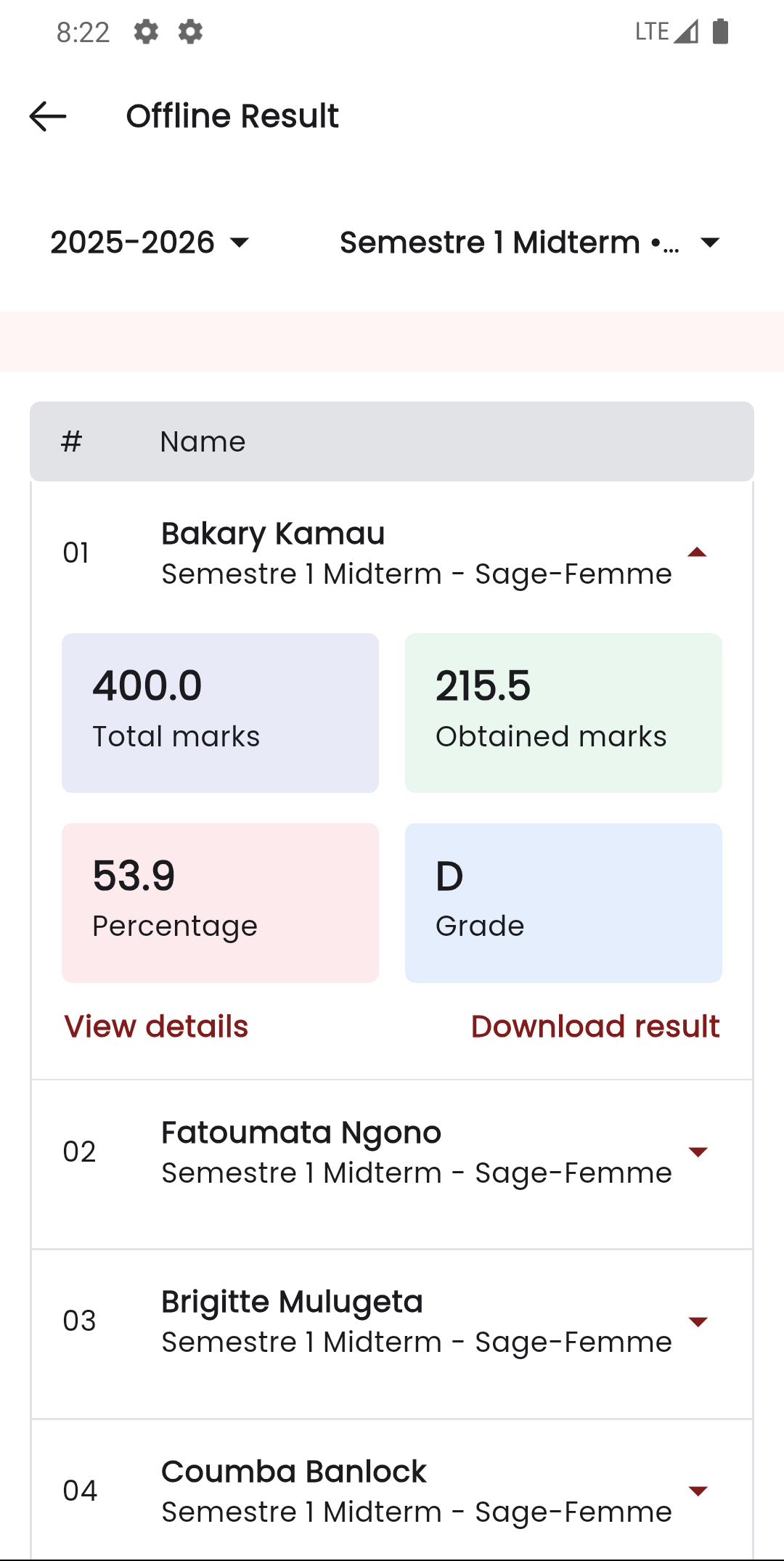 Staff app exam result view