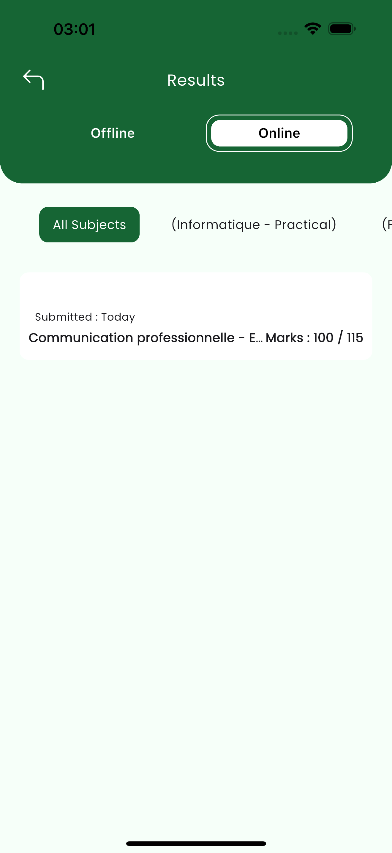 Online results showing marks scored out of the exam total