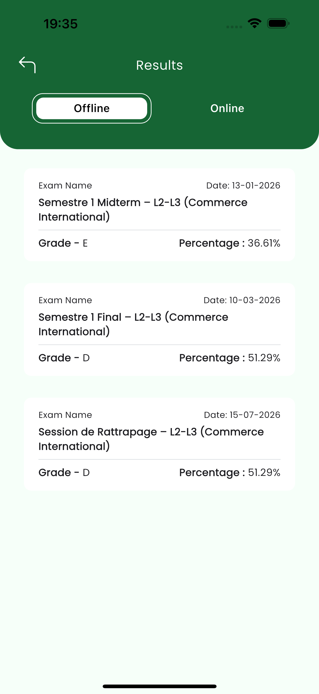 Offline results list with exam name, date, grade and percentage per exam