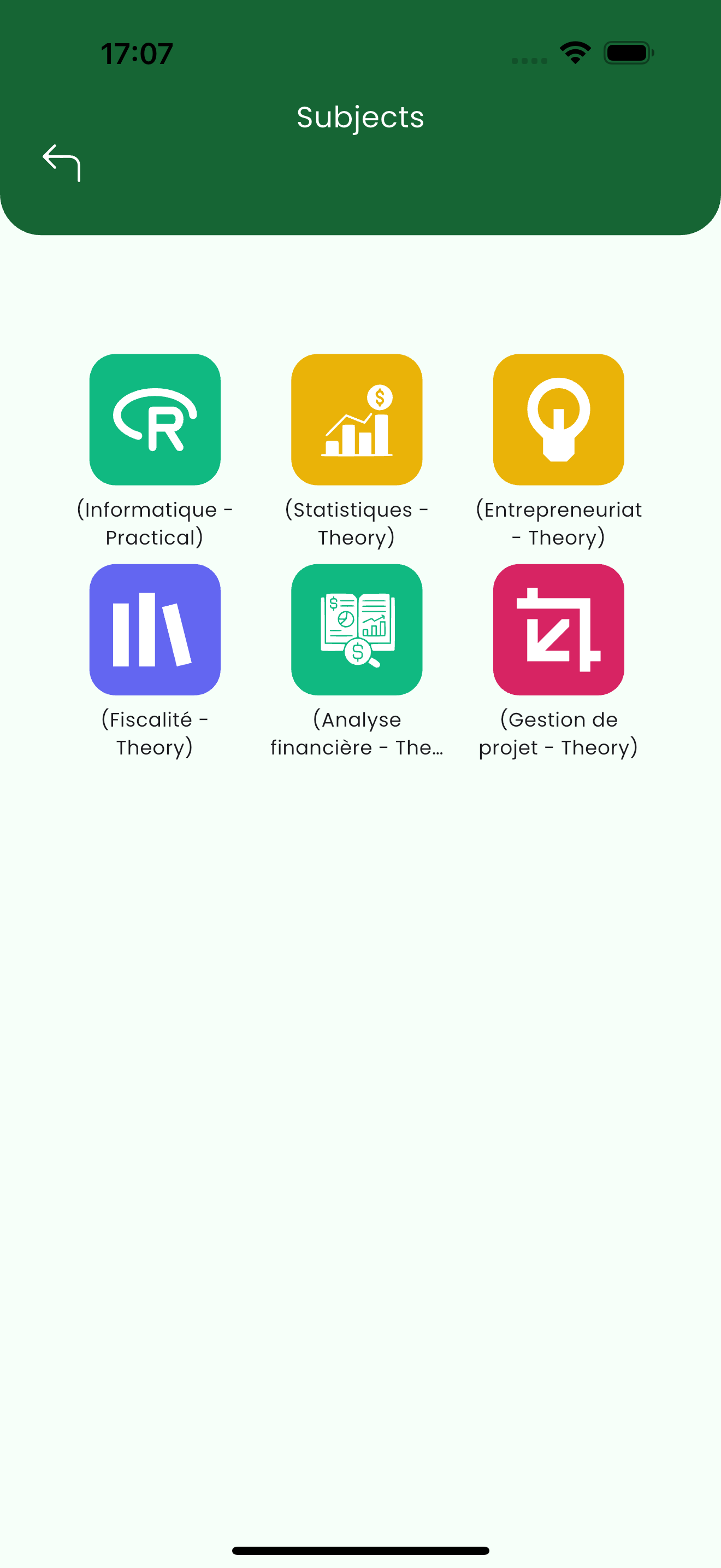 Subjects grid showing subject tiles labelled Theory or Practical