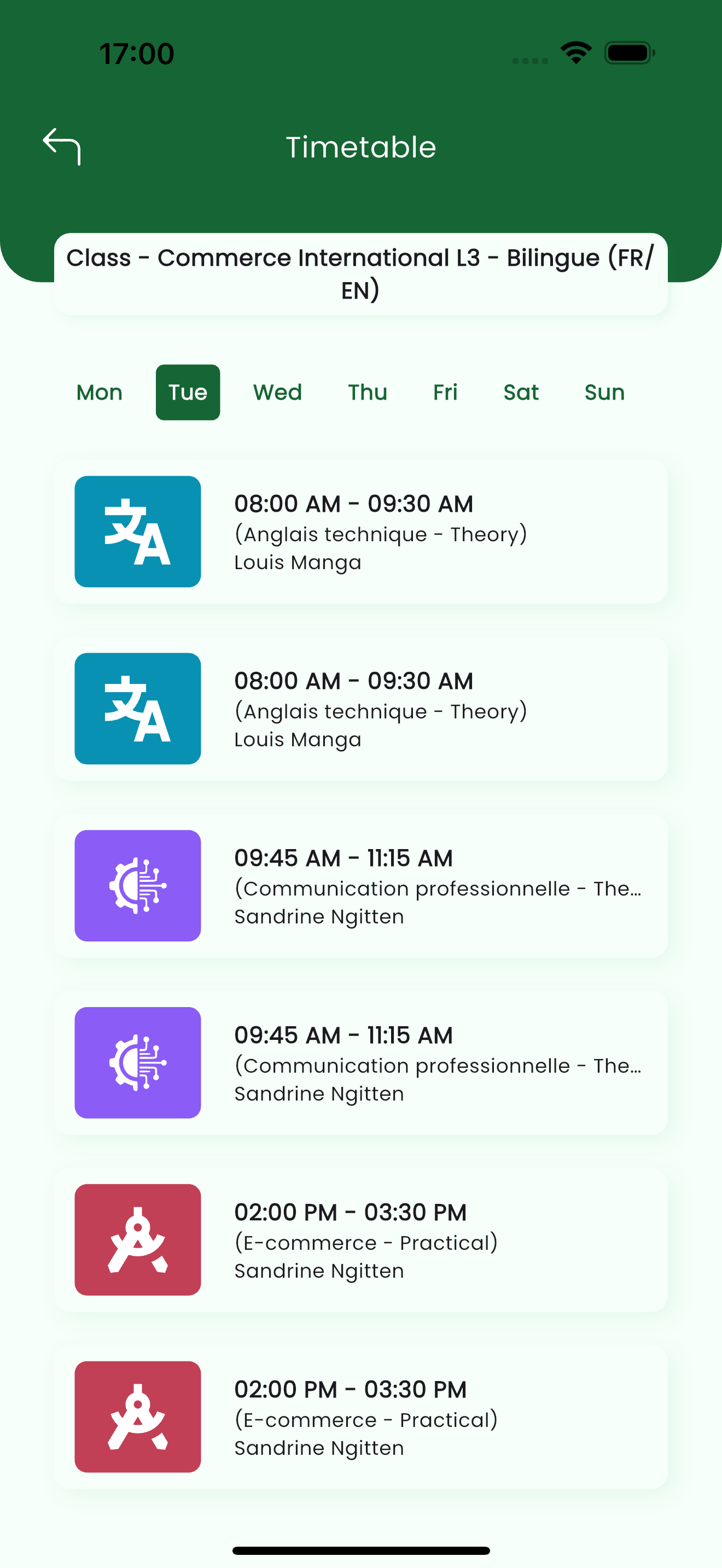 Weekly timetable with weekday selector and period cards showing time, subject and teacher