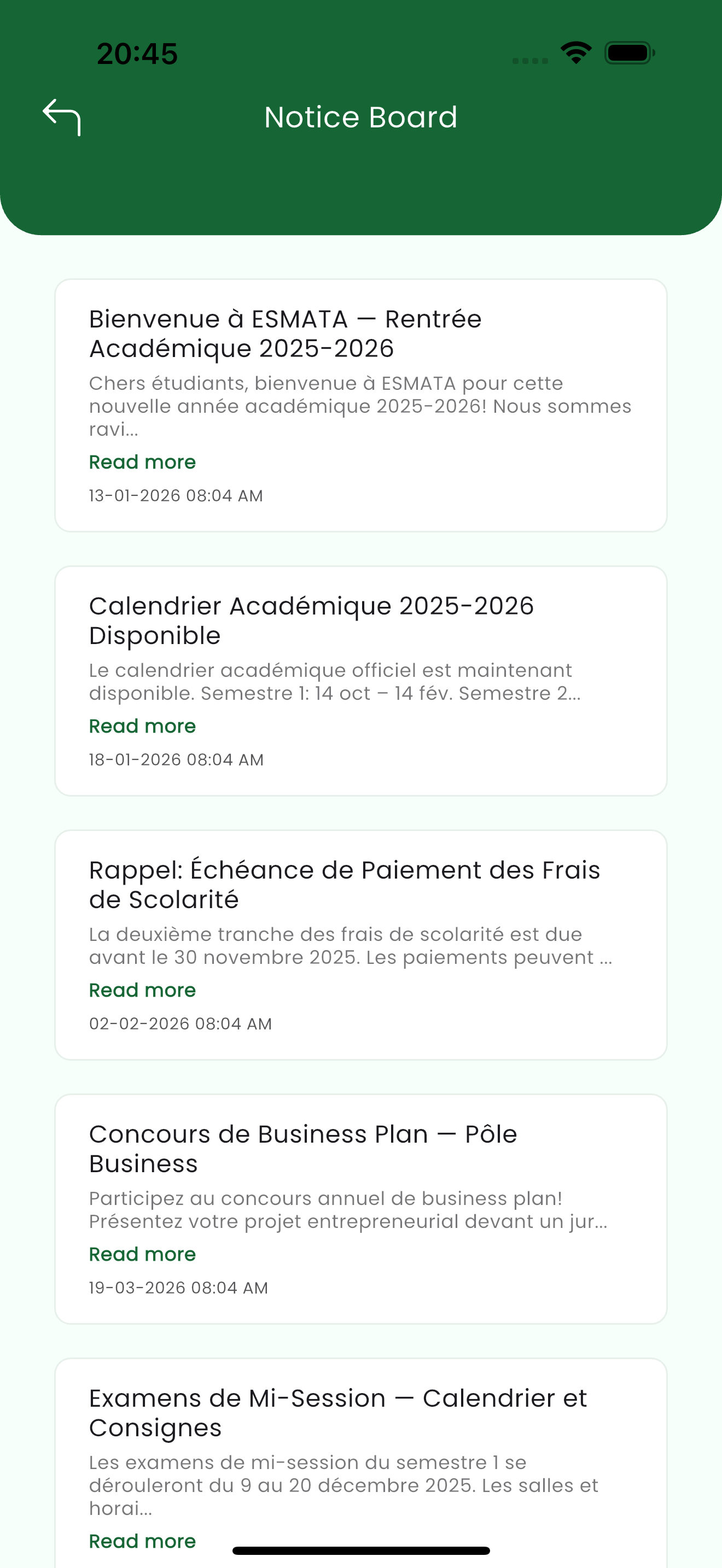 Notice Board listing school announcements with titles, previews, Read more links and dates