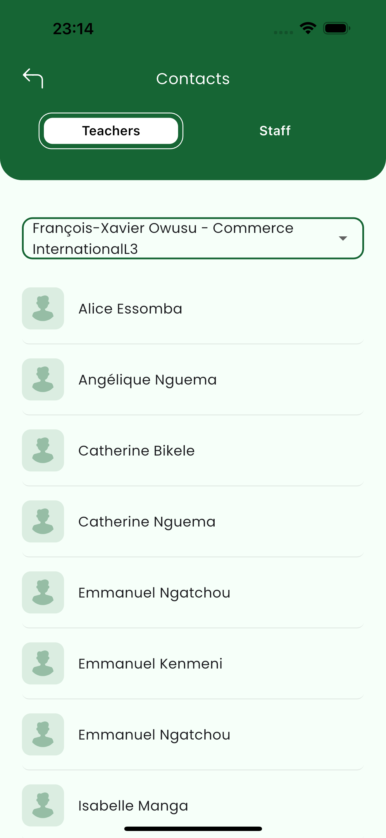 Contacts list under the Teachers tab with a child selector at the top