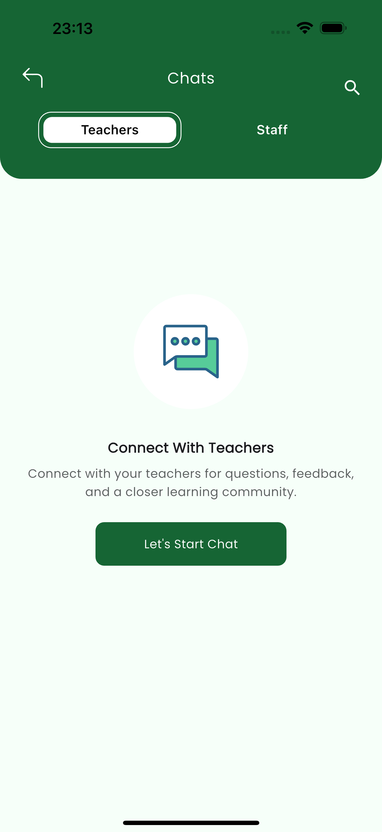 Chats screen with Teachers and Staff tabs and a Let's Start Chat button