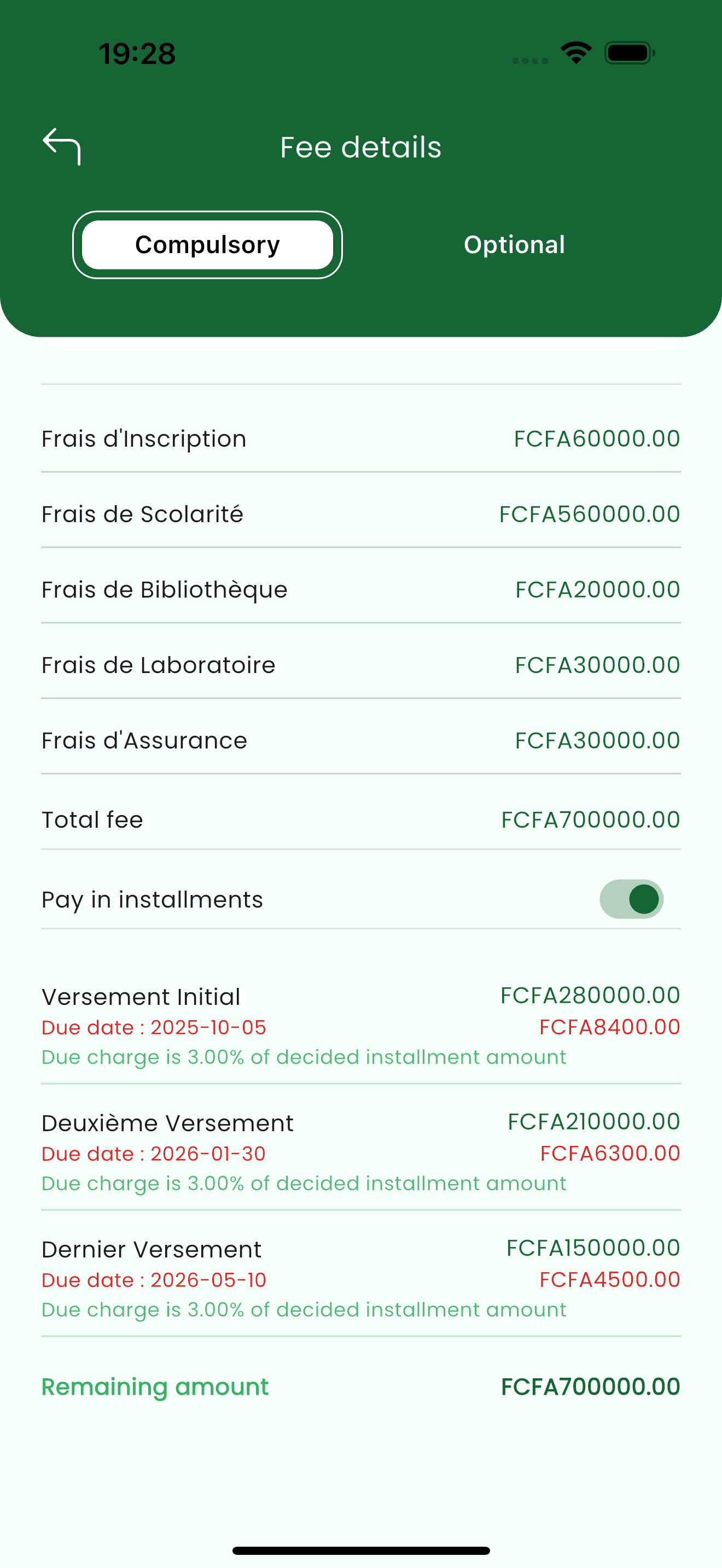 Installment schedule with per-installment amounts, due dates, late charges and remaining amount