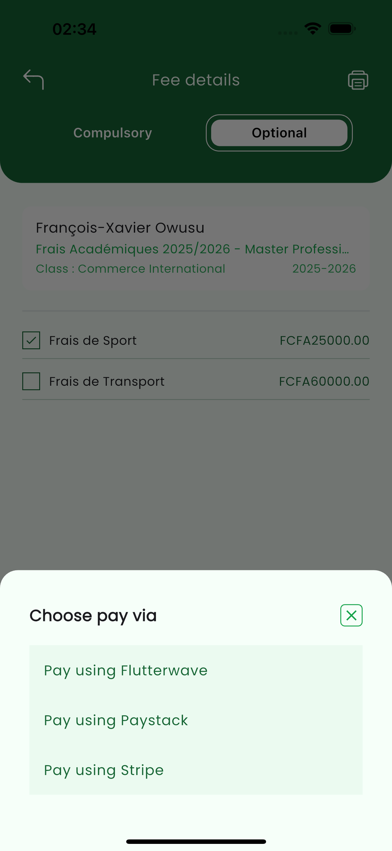 Optional fees with checkboxes and a Choose pay via sheet listing Flutterwave, Paystack and Stripe