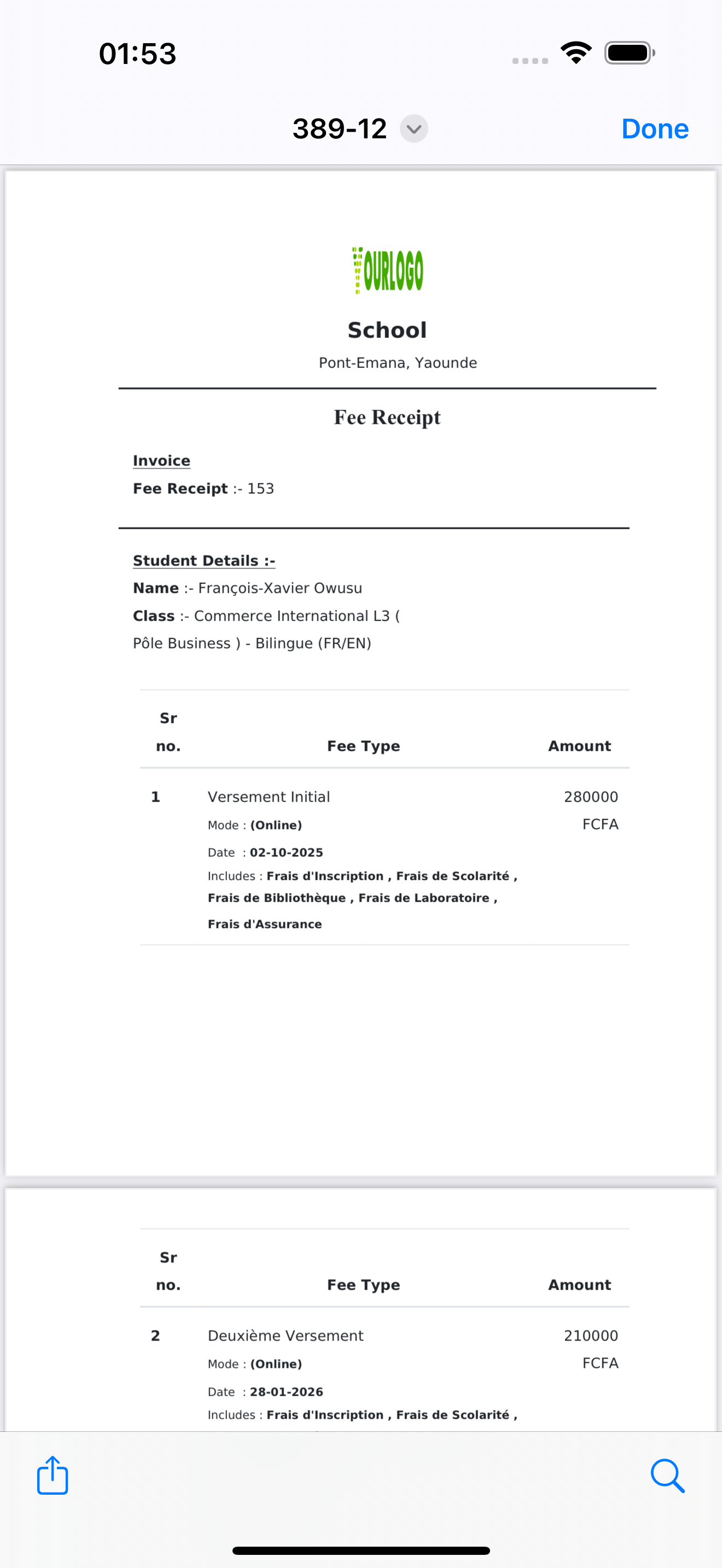 Fee receipt PDF showing school details, receipt number, student and itemized payments