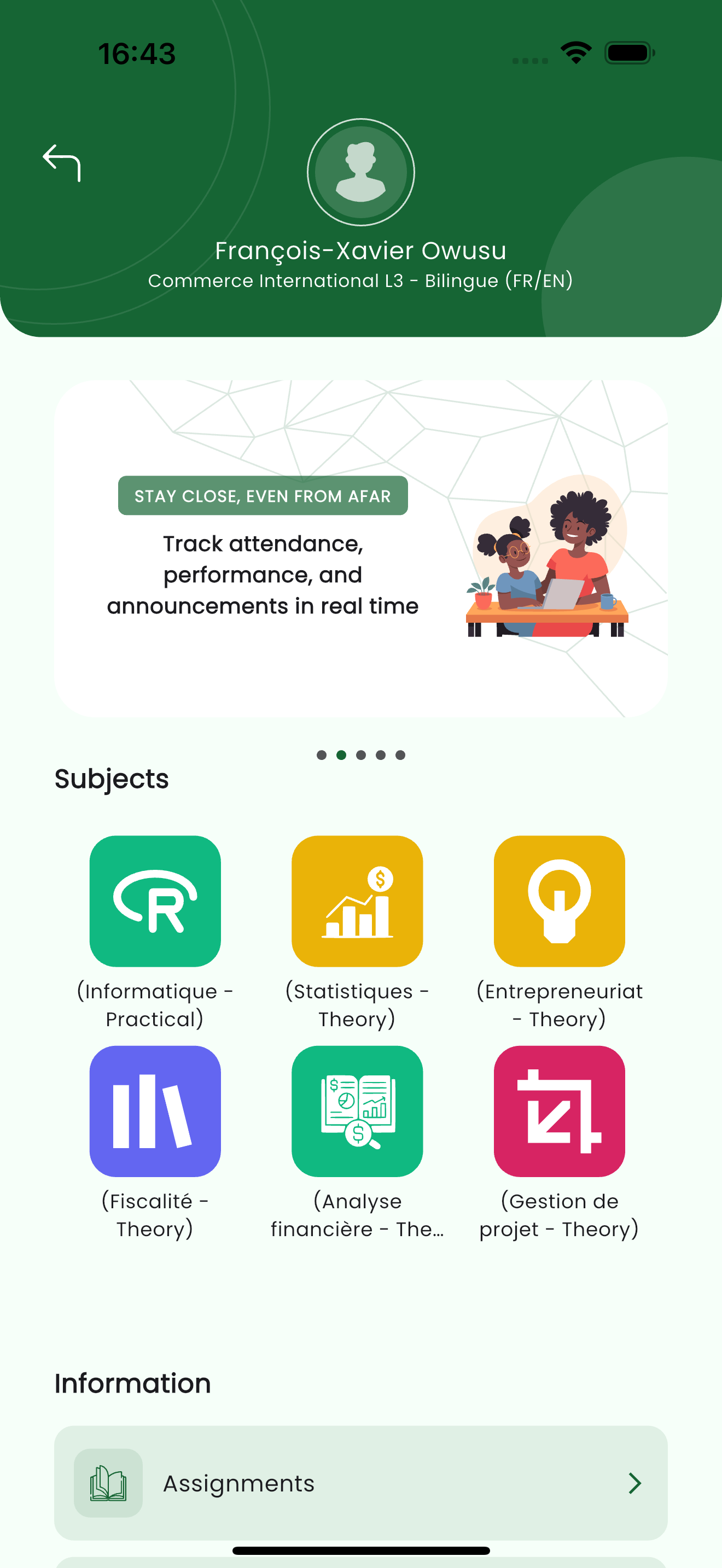 A single child's home screen with subjects grid and an Information menu