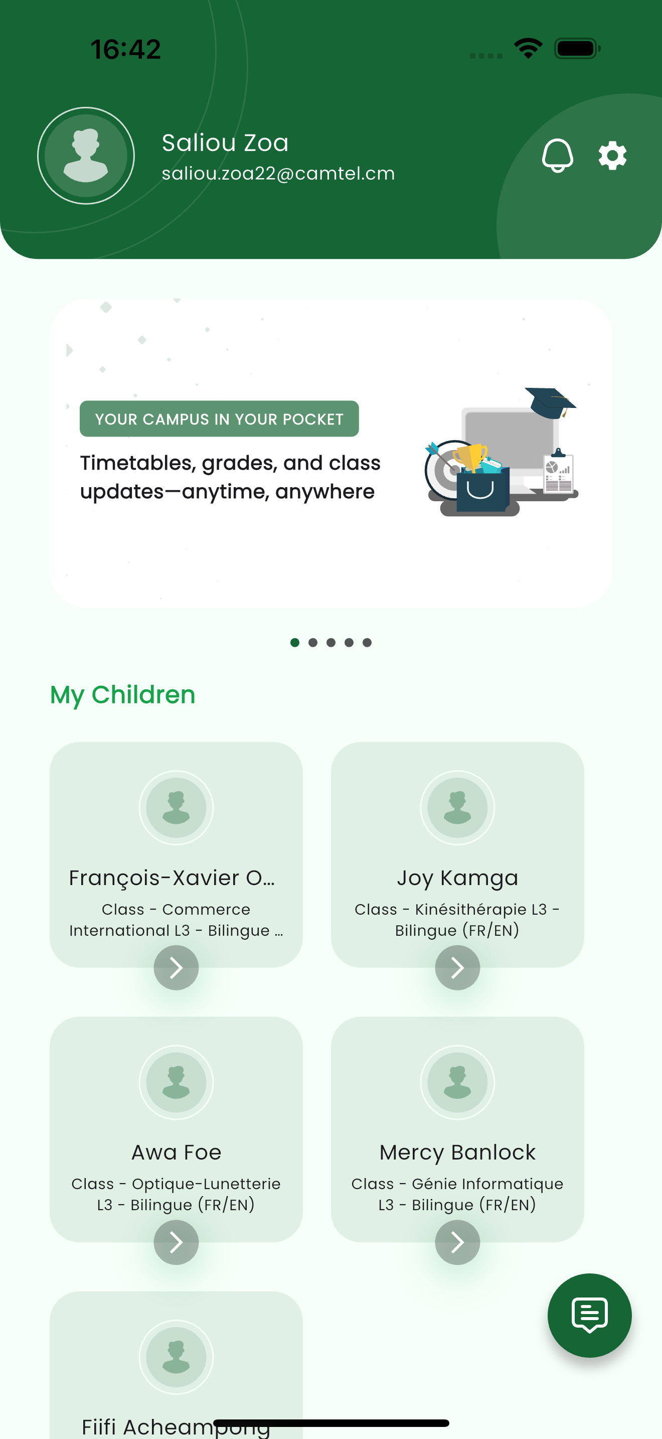 Parent home screen showing the parent's name and a My Children list of child cards