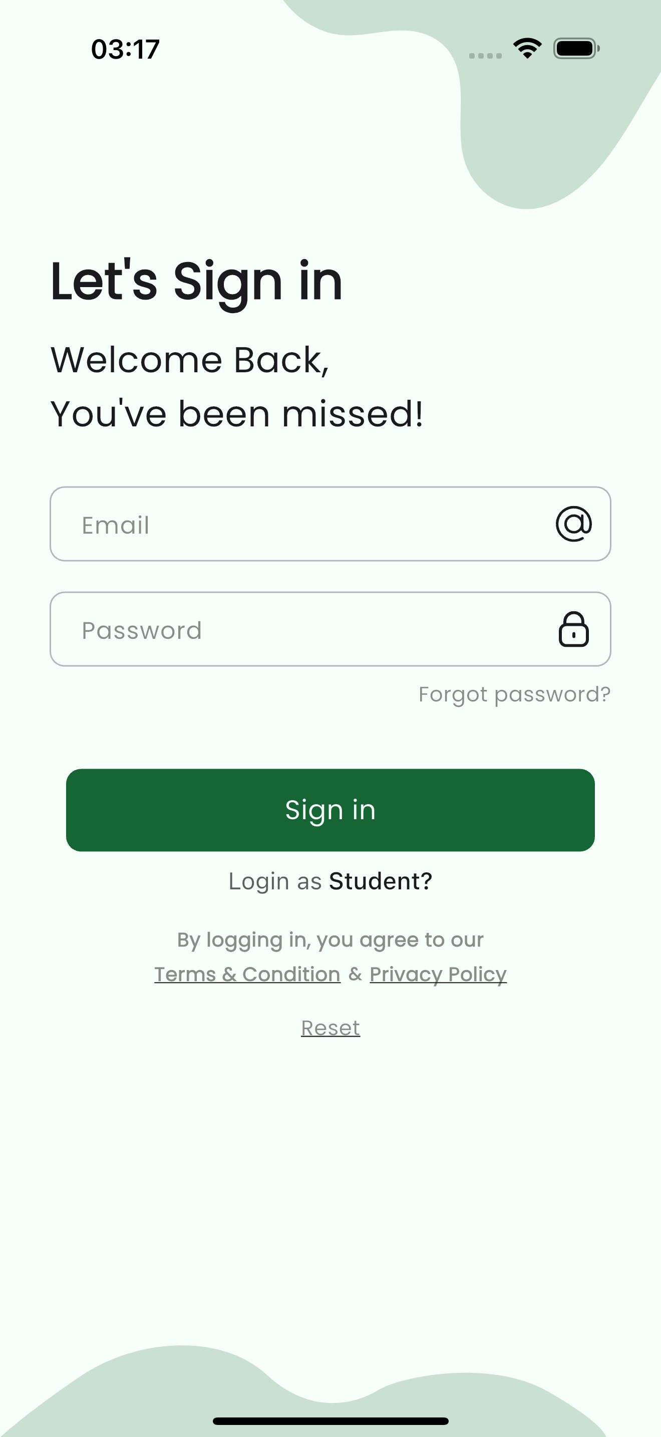 Sign-in screen with email and password fields and a Sign in button
