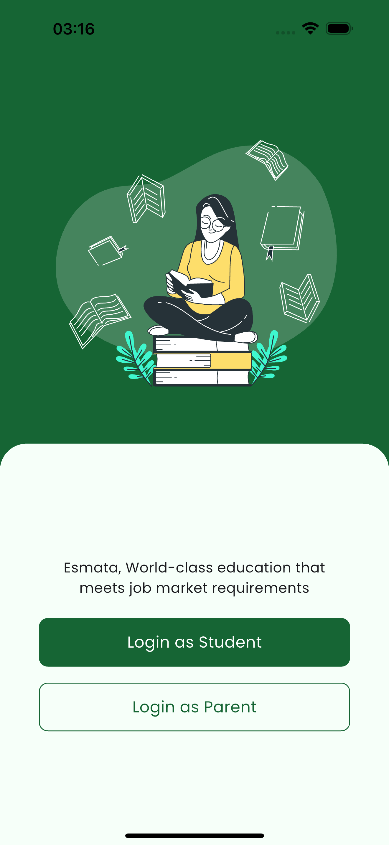 App welcome screen with Login as Student and Login as Parent buttons