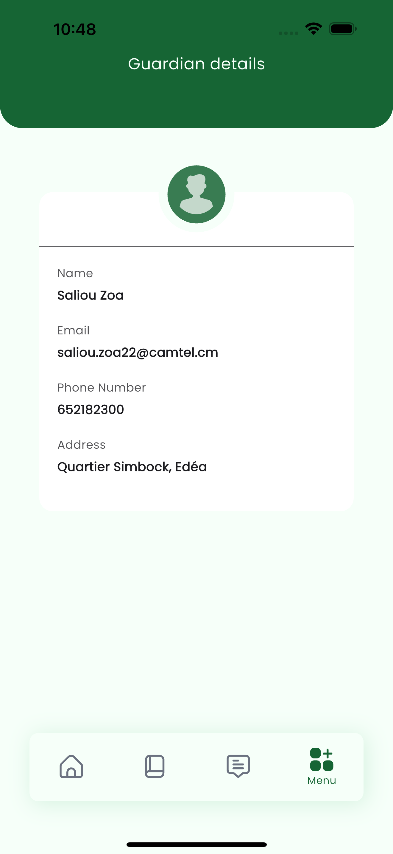 Guardian details screen showing the guardian's name, email, phone number and address