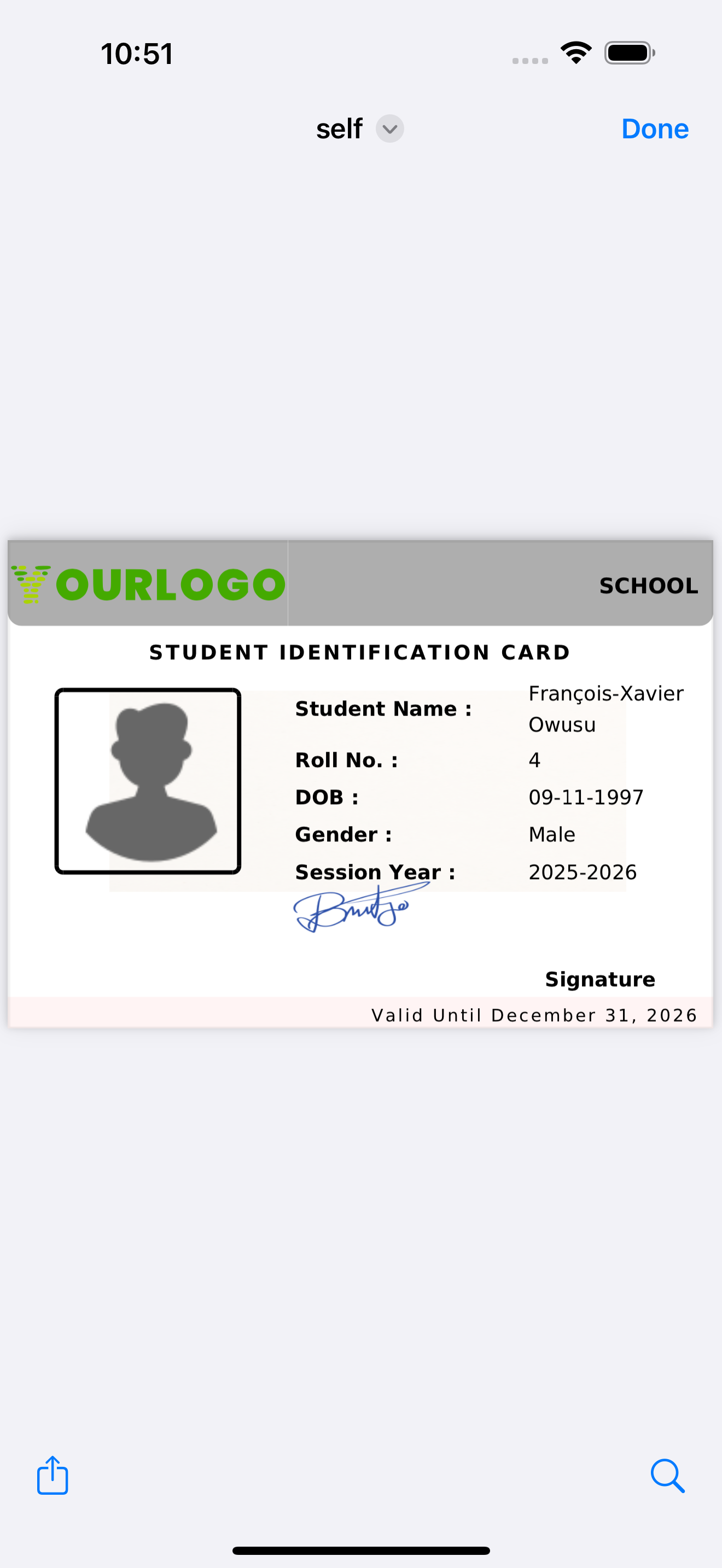Student identification card showing name, roll number, date of birth, gender, session year and validity
