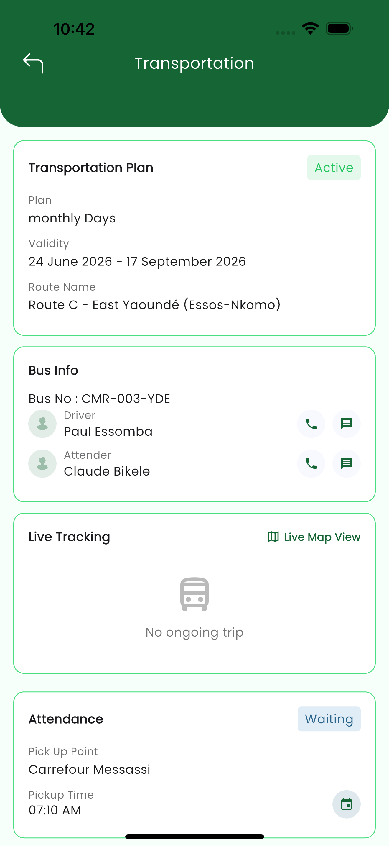 Transport dashboard showing the active plan, bus info with driver and attender, live tracking and attendance