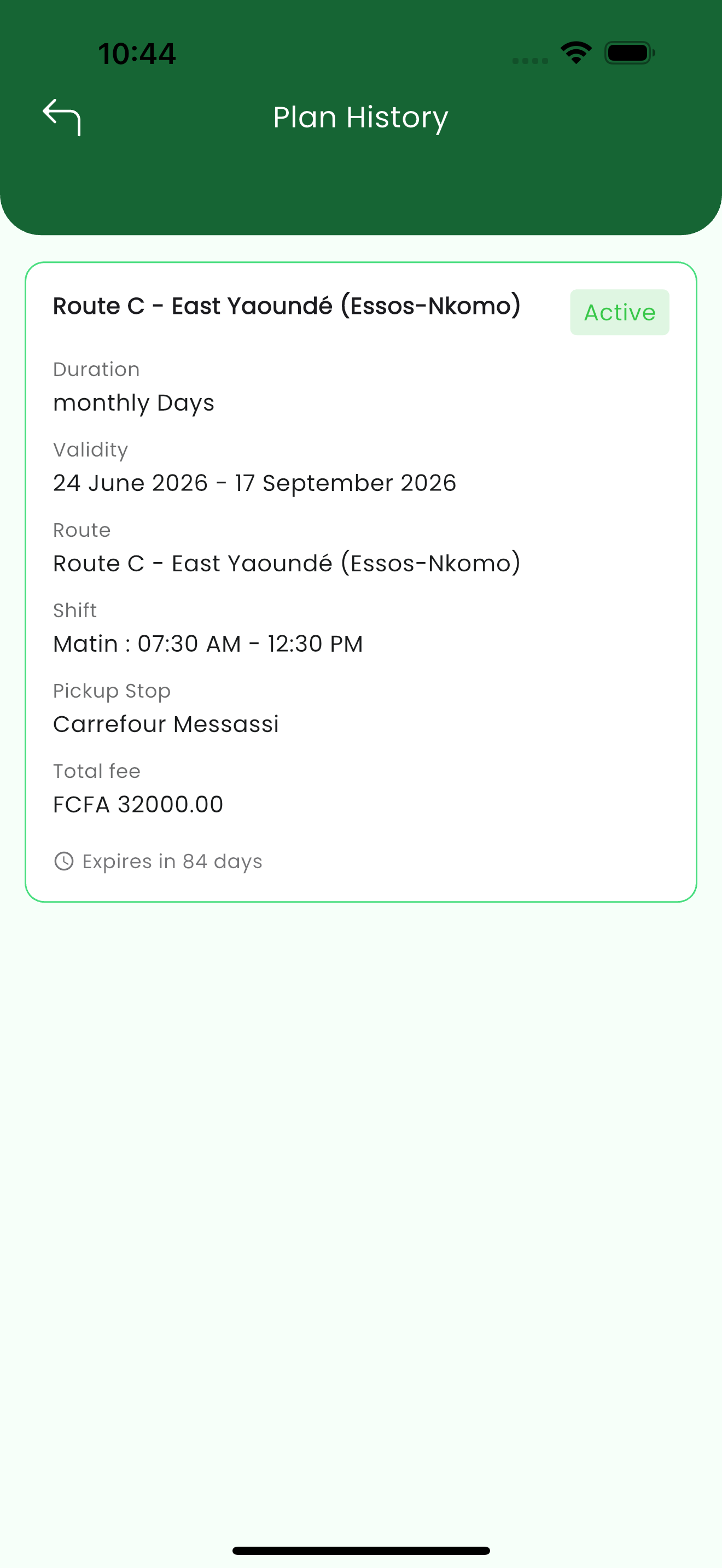 Plan history detail showing route, validity, shift, pickup stop, total fee and expiry