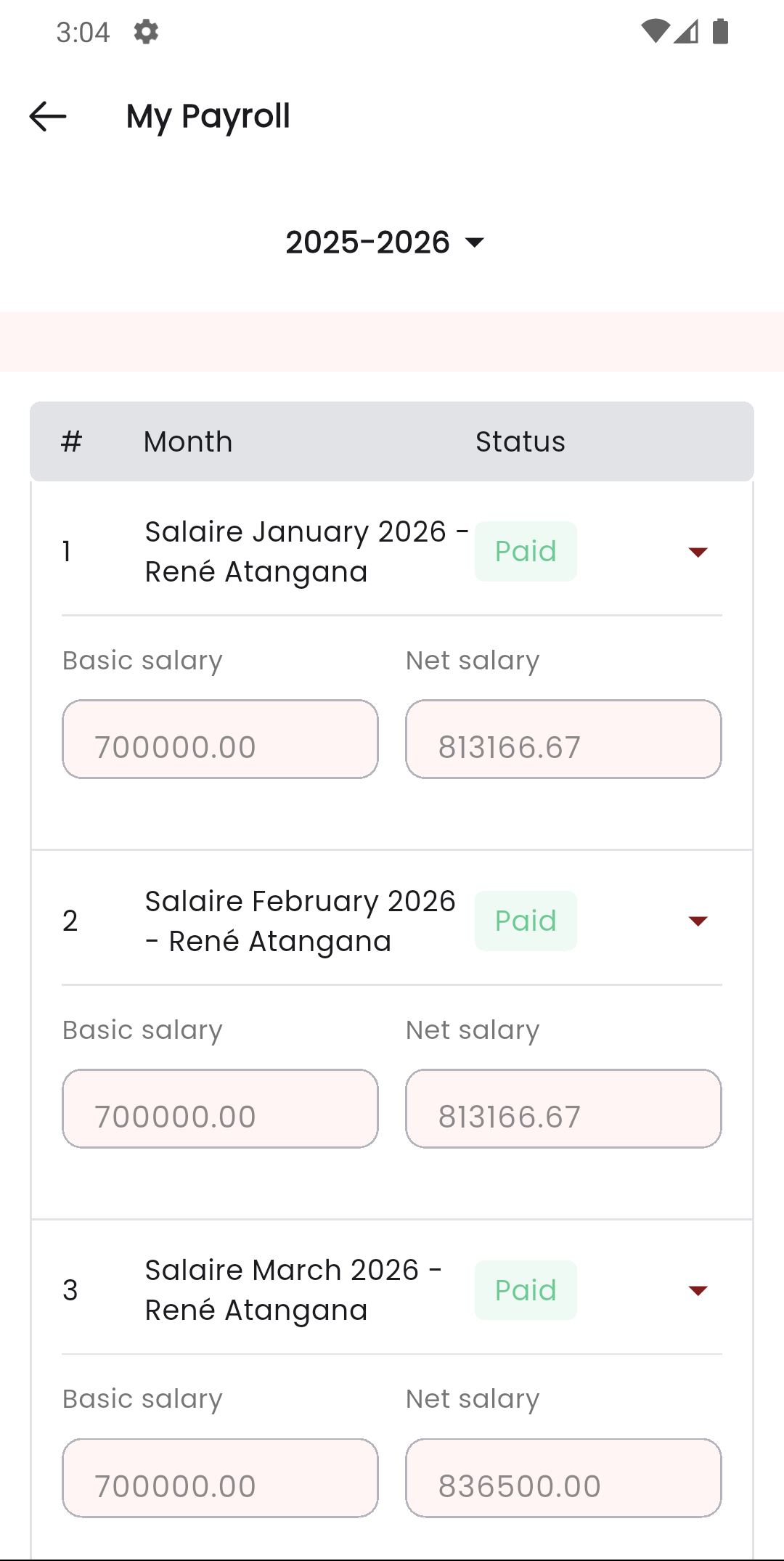 Staff app My Payroll screen showing payroll history