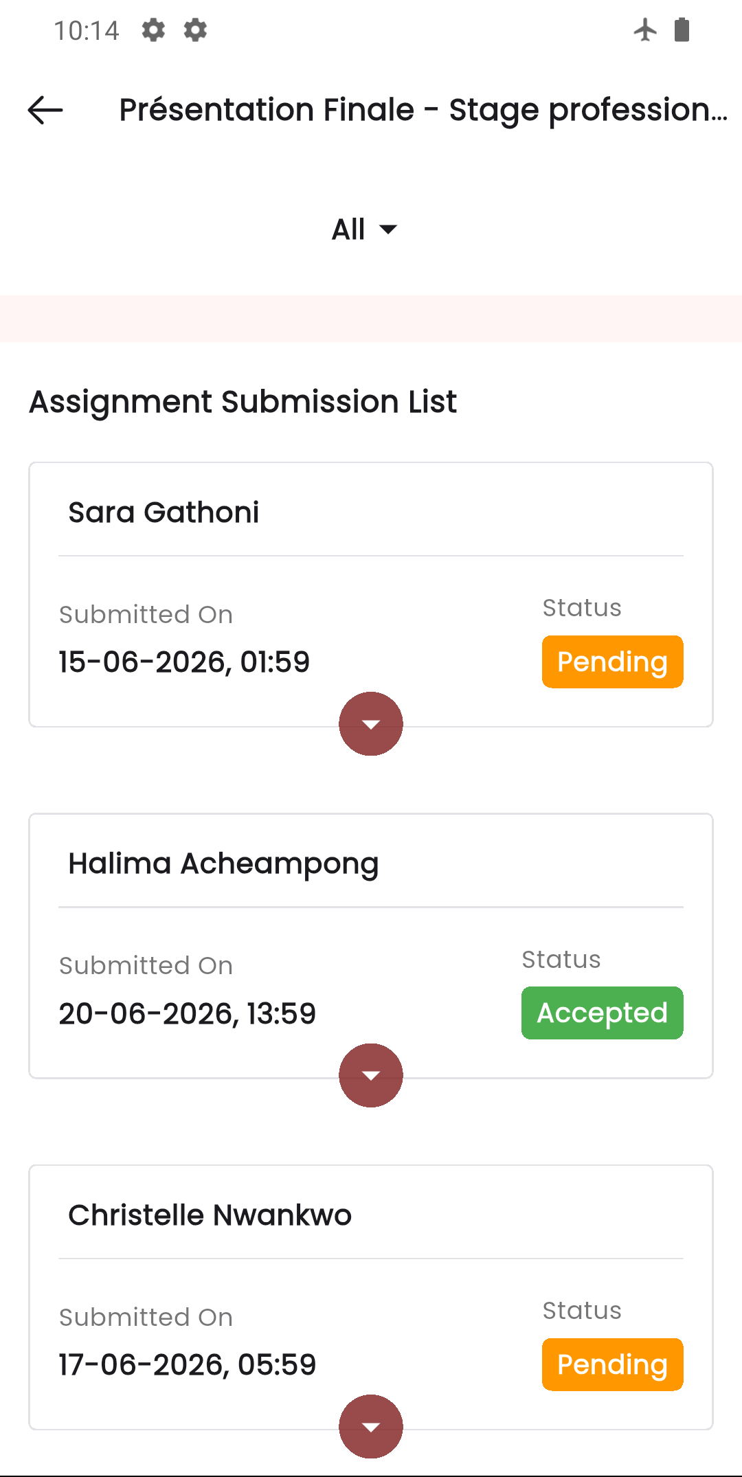 Student app showing submitted assignments list