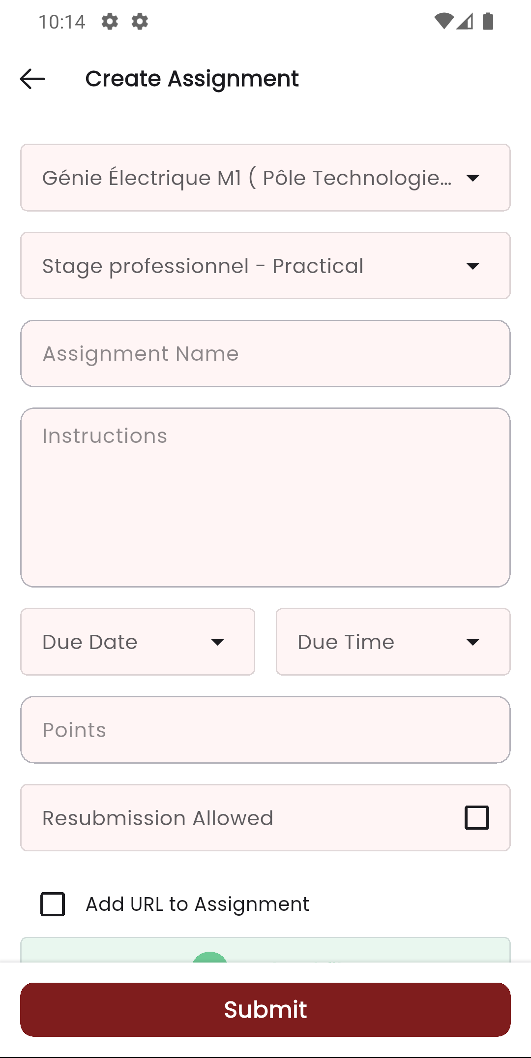 Staff app create assignment screen