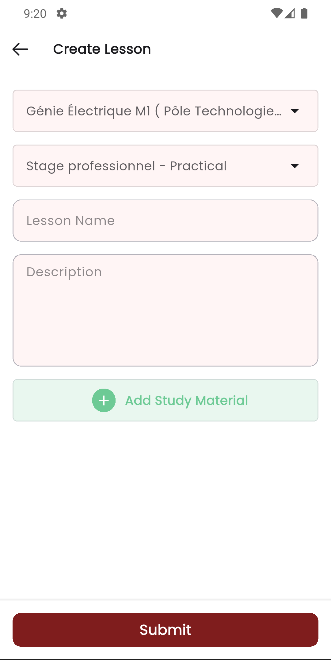 Staff app create lesson screen